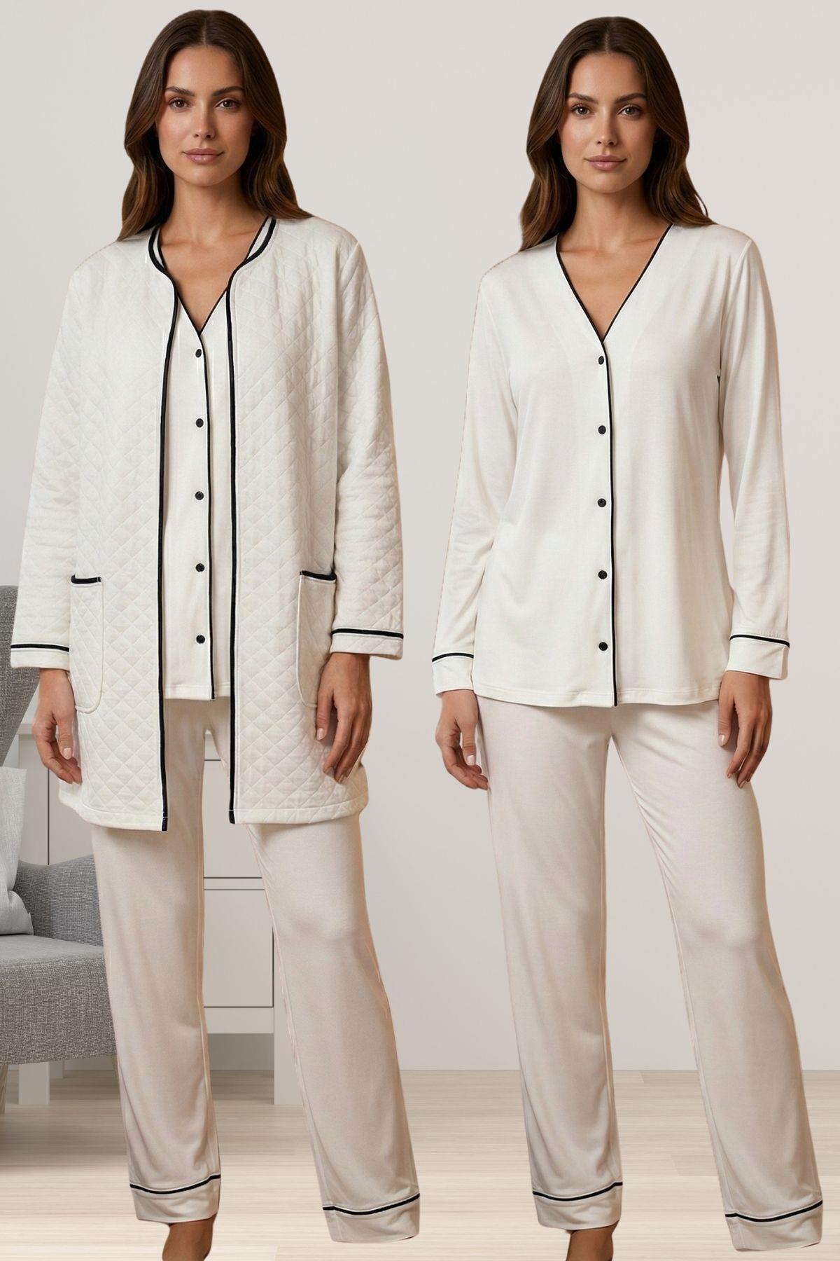 Effortt 7079 Ekru Kapitone Sabahlık Pijama Takımı