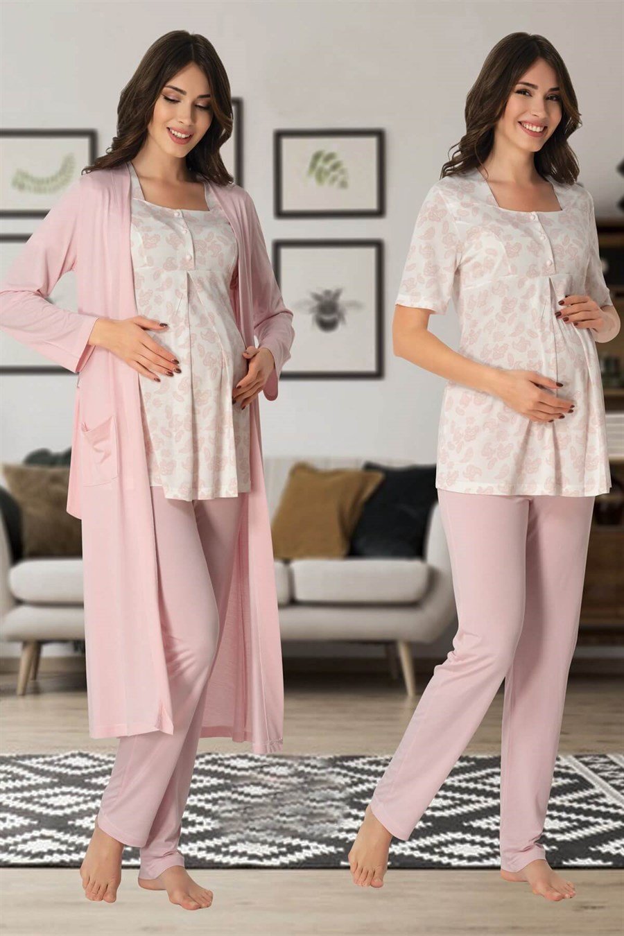 Effortt 8014 Pembe Sabahlıklı Lohusa Pijama Takımı