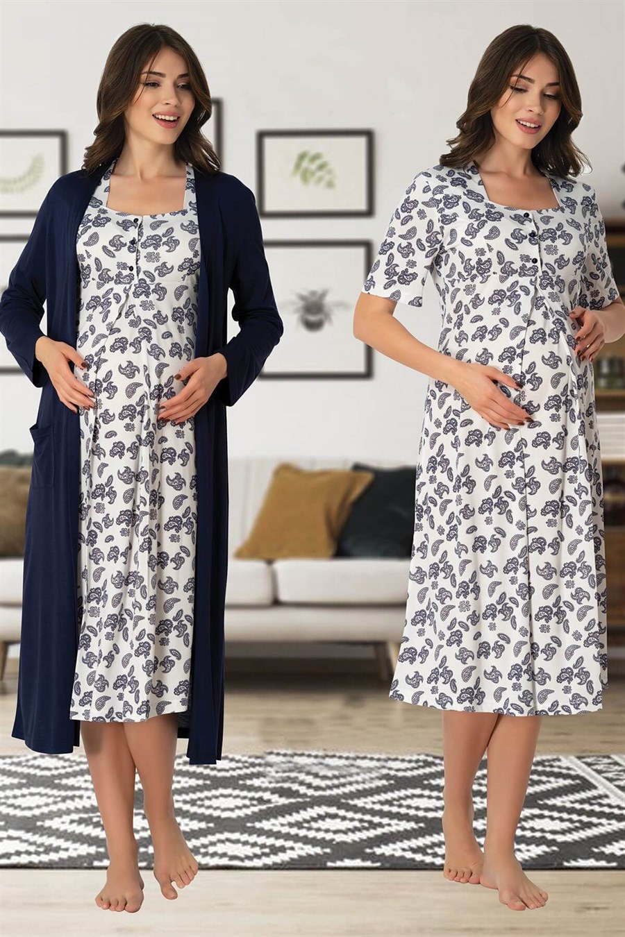 Effortt 8015 Lacivert Sabahlıklı Lohusa Gecelik Takım