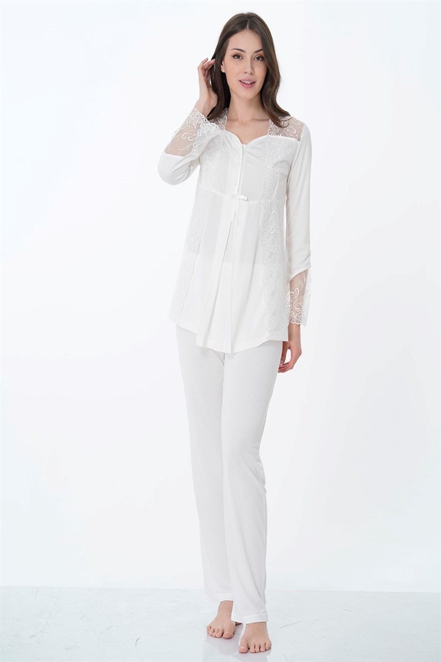 Effortt 8018 Ekru Dantelli Hamile Lohusa Pijama Takımı