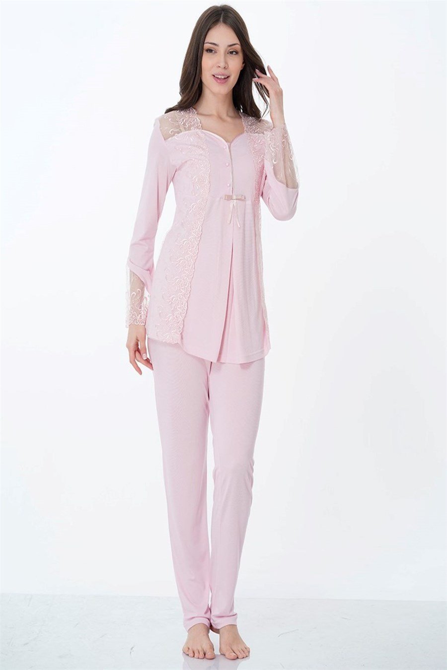 Effortt 8018 Pembe Dantelli Hamile Lohusa Pijama Takımı
