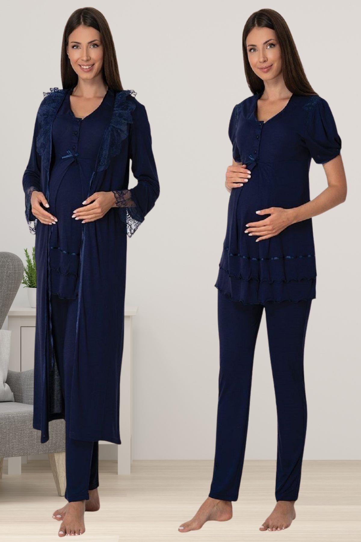 Effortt 8024 Lacivert Sabahlıklı Lohusa Pijama Takımı