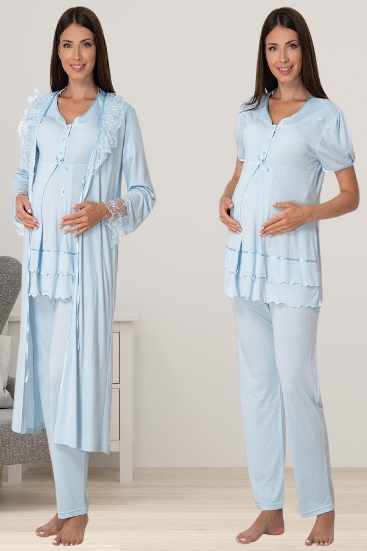 Effortt 8024 Mavi Sabahlıklı Lohusa Pijama Takımı
