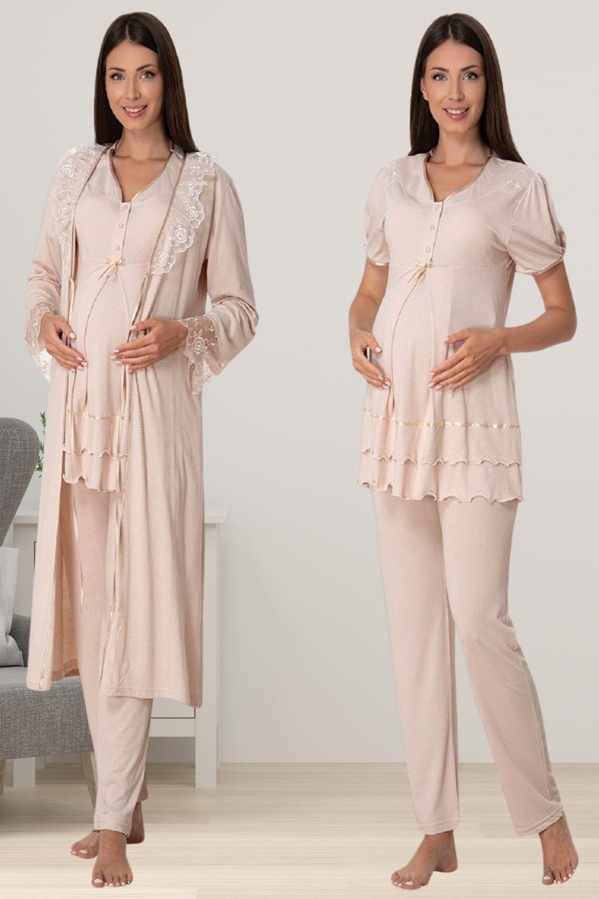 Effortt 8024 Sütlü Kahve Sabahlıklı Lohusa Pijama Takımı