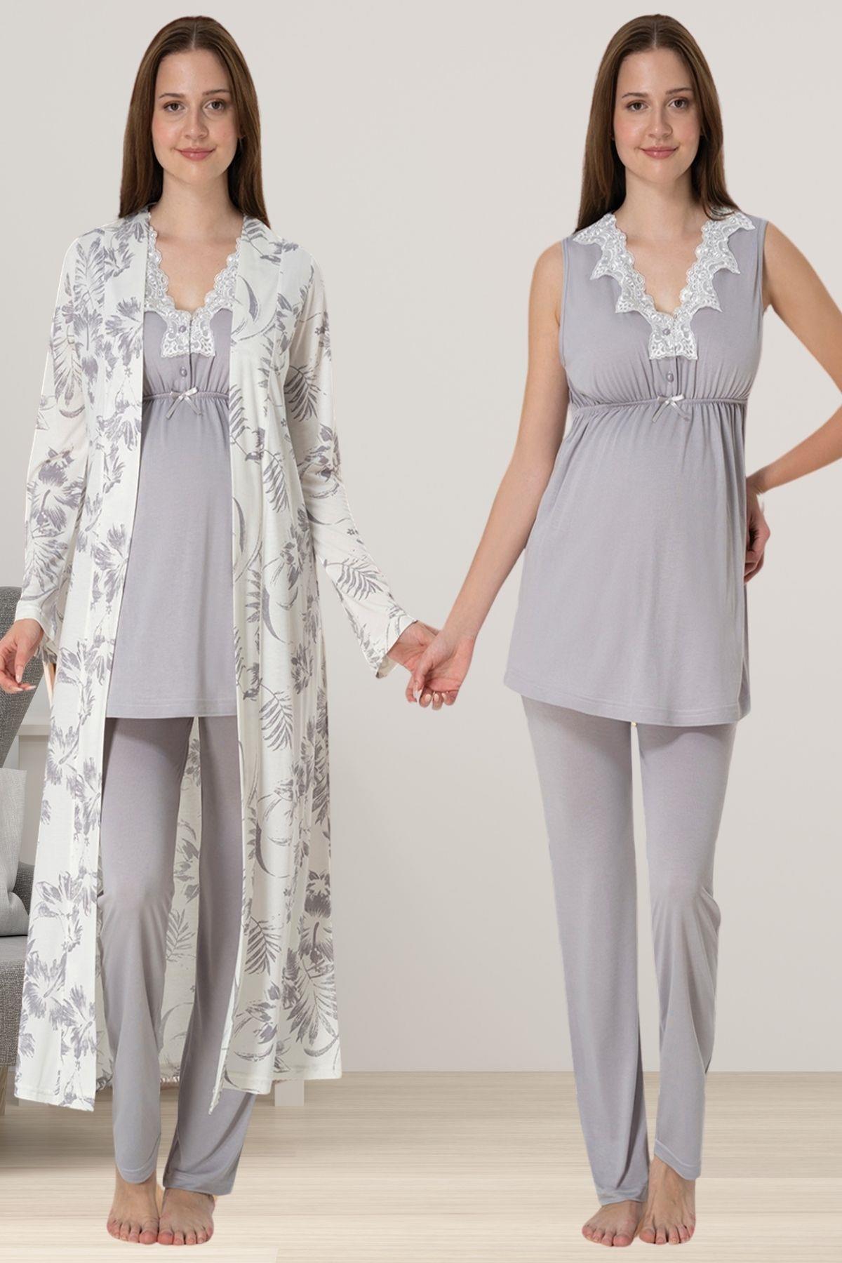 Effortt 8034 Gri Sabahlıklı Lohusa Pijama Takımı