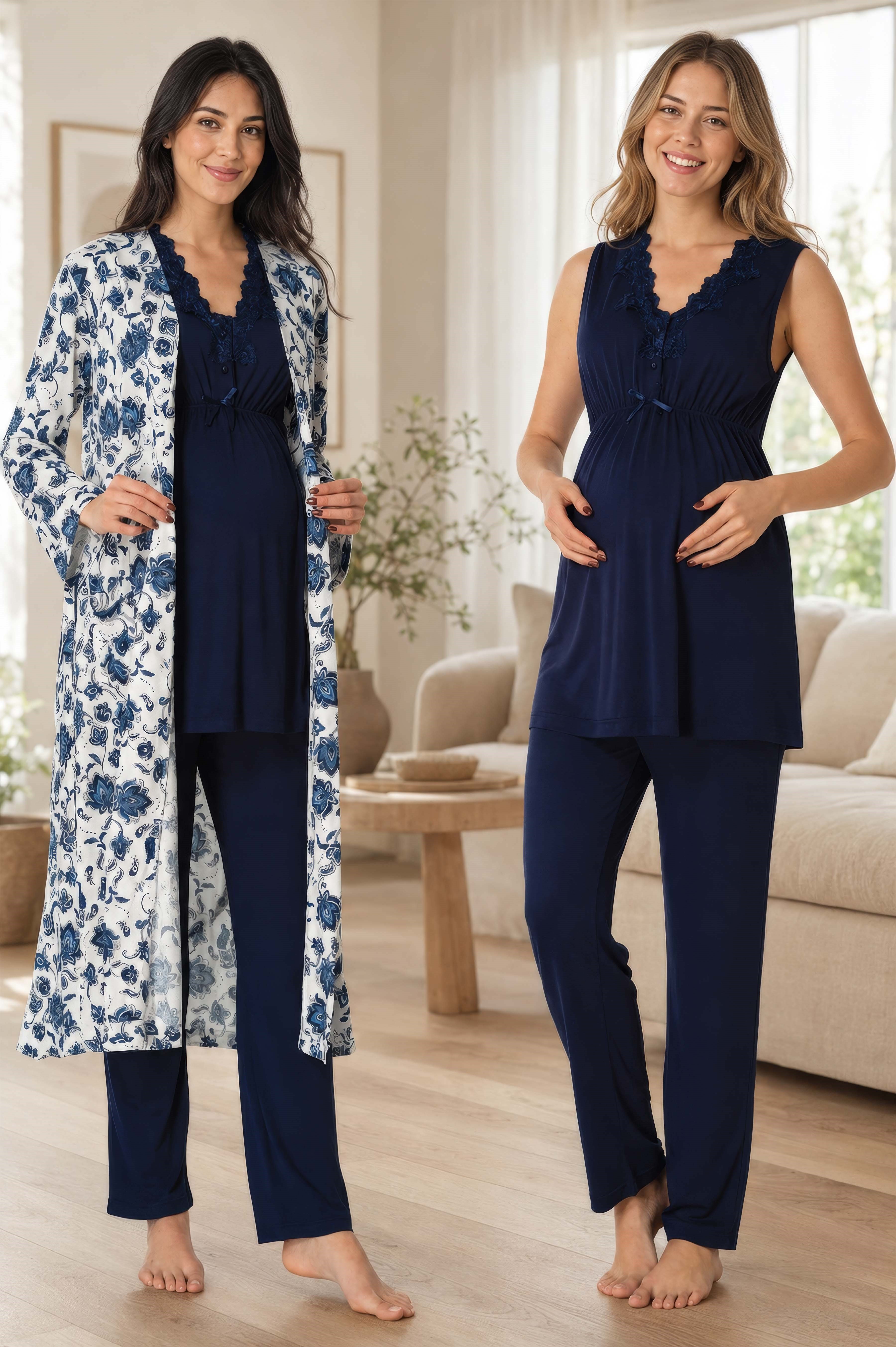 Effortt 8034 Lacivert Sabahlıklı Lohusa Pijama Takımı