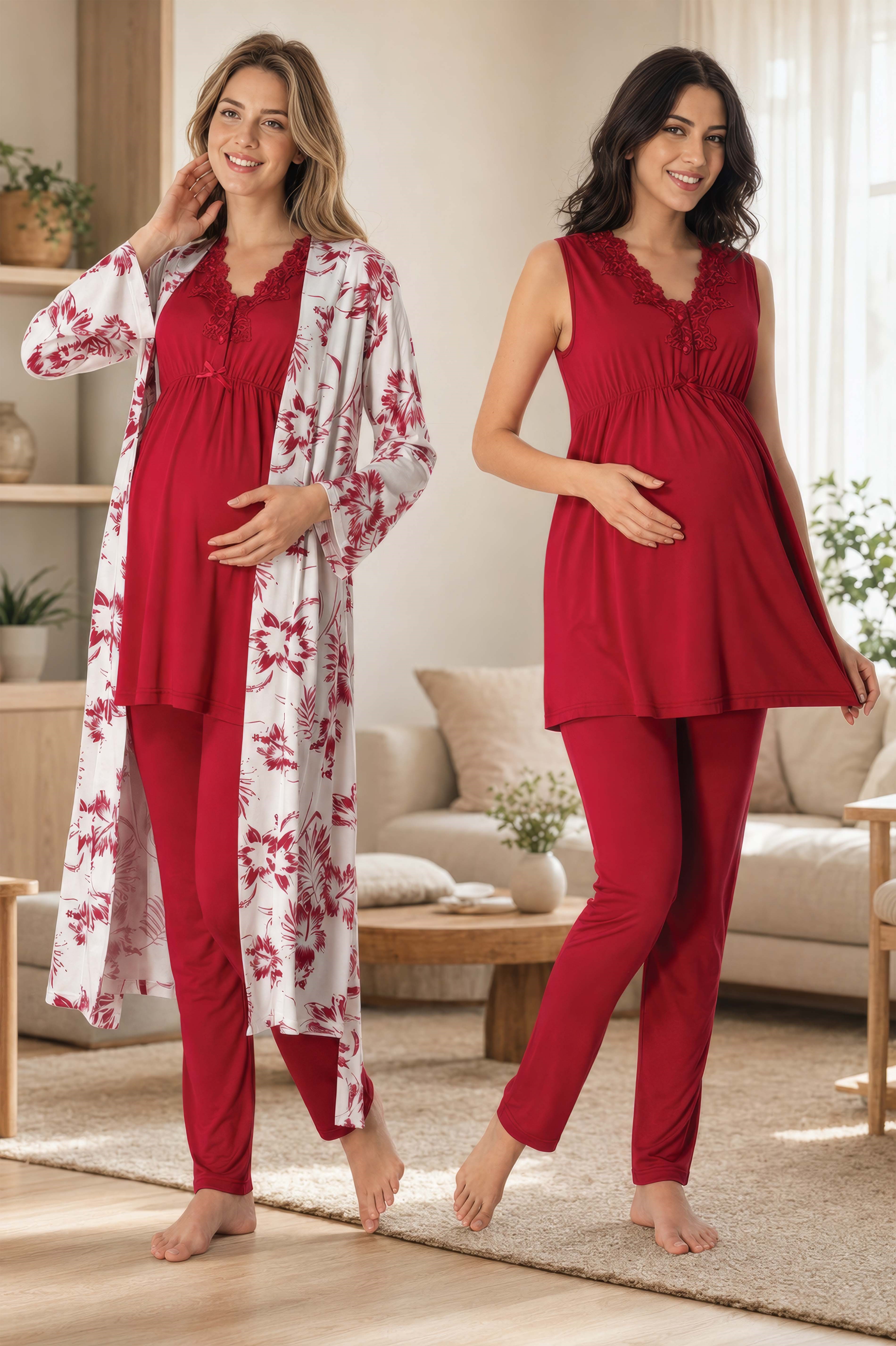 Effortt 8034 Vişne Sabahlıklı Lohusa Pijama Takımı