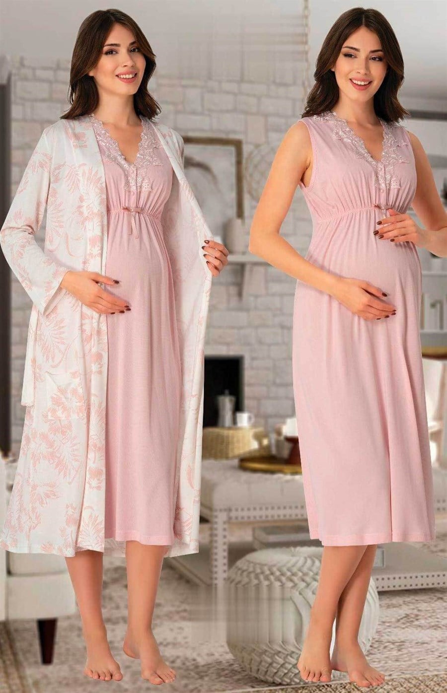 Effortt 8035 Pembe Sabahlıklı Lohusa Gecelik Takım