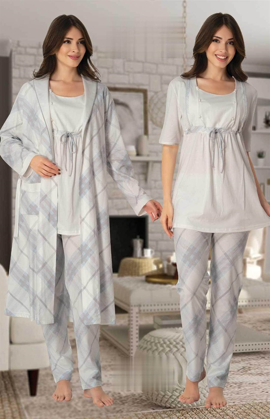 Effortt 8044 Mavi Sabahlıklı Lohusa Pijama Takımı