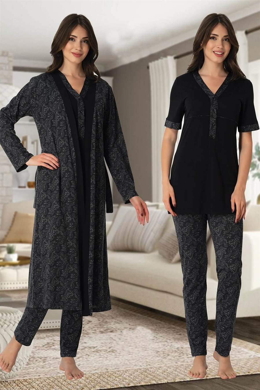 Effortt 8054 Siyah Sabahlıklı Lohusa Pijama Takımı