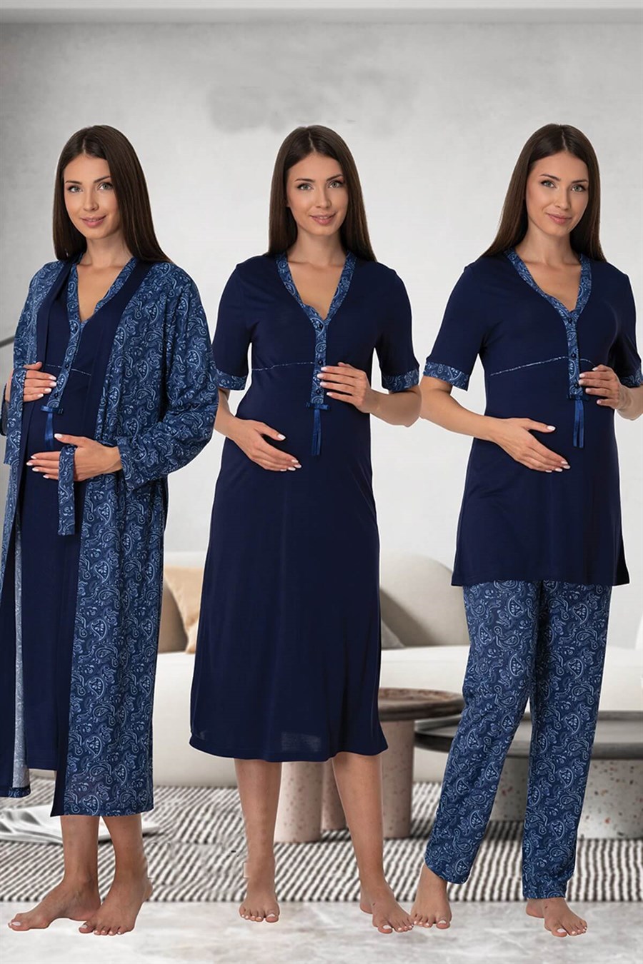 Effortt 8056 Lacivert Dantelli Hamile Lohusa Set