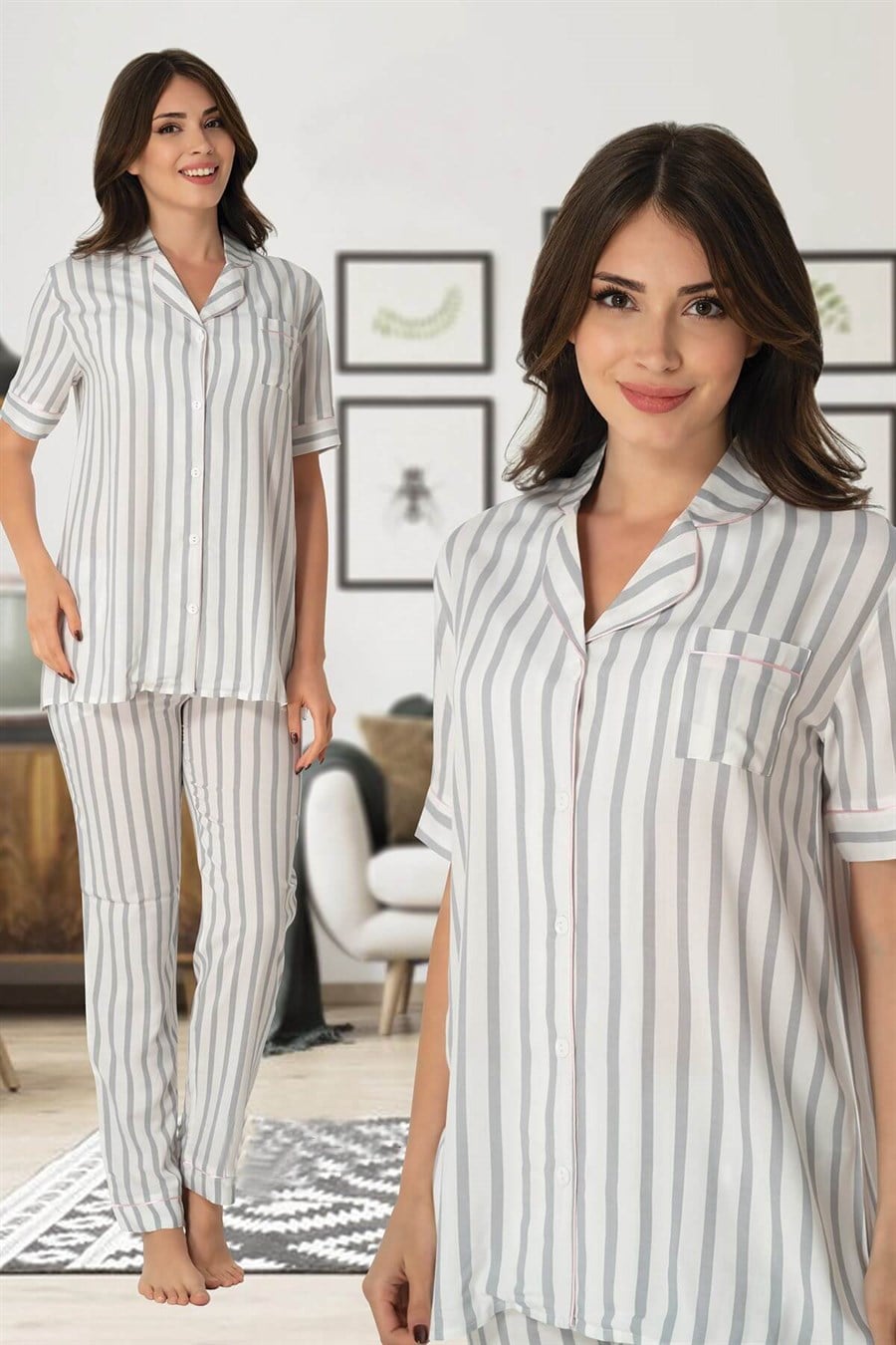 Effortt 8065 Gri Önden Düğmeli Lohusa Pijama