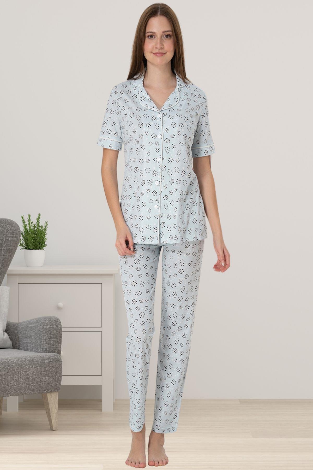 Effortt 8066 Mavi Önden Düğmeli Kadın Pijama Takımı