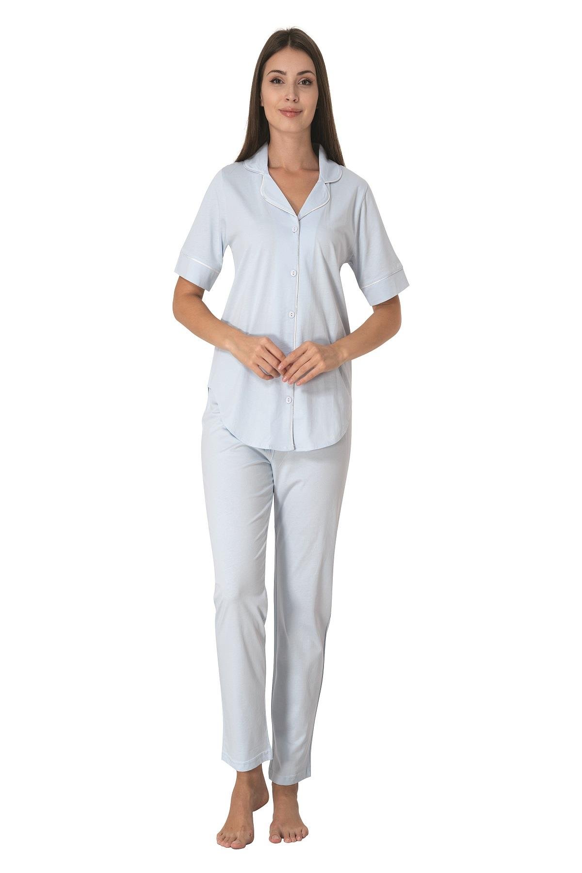 Effortt 8067 Mavi Önden Düğmeli Kadın Pijama Takımı