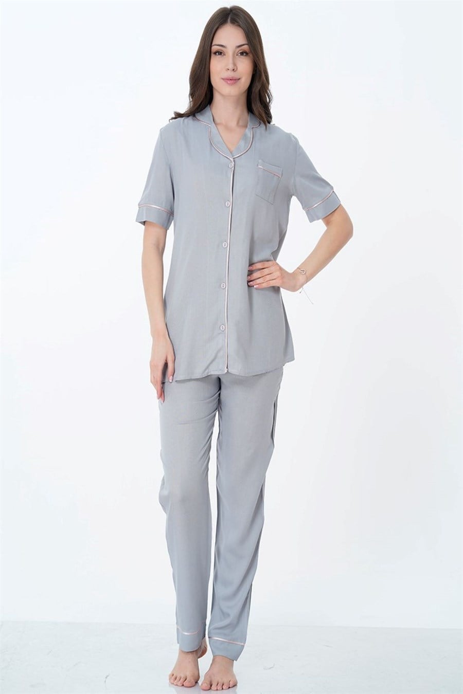 Effortt 8069 Gri Önden Düğmeli Pijama Takımı
