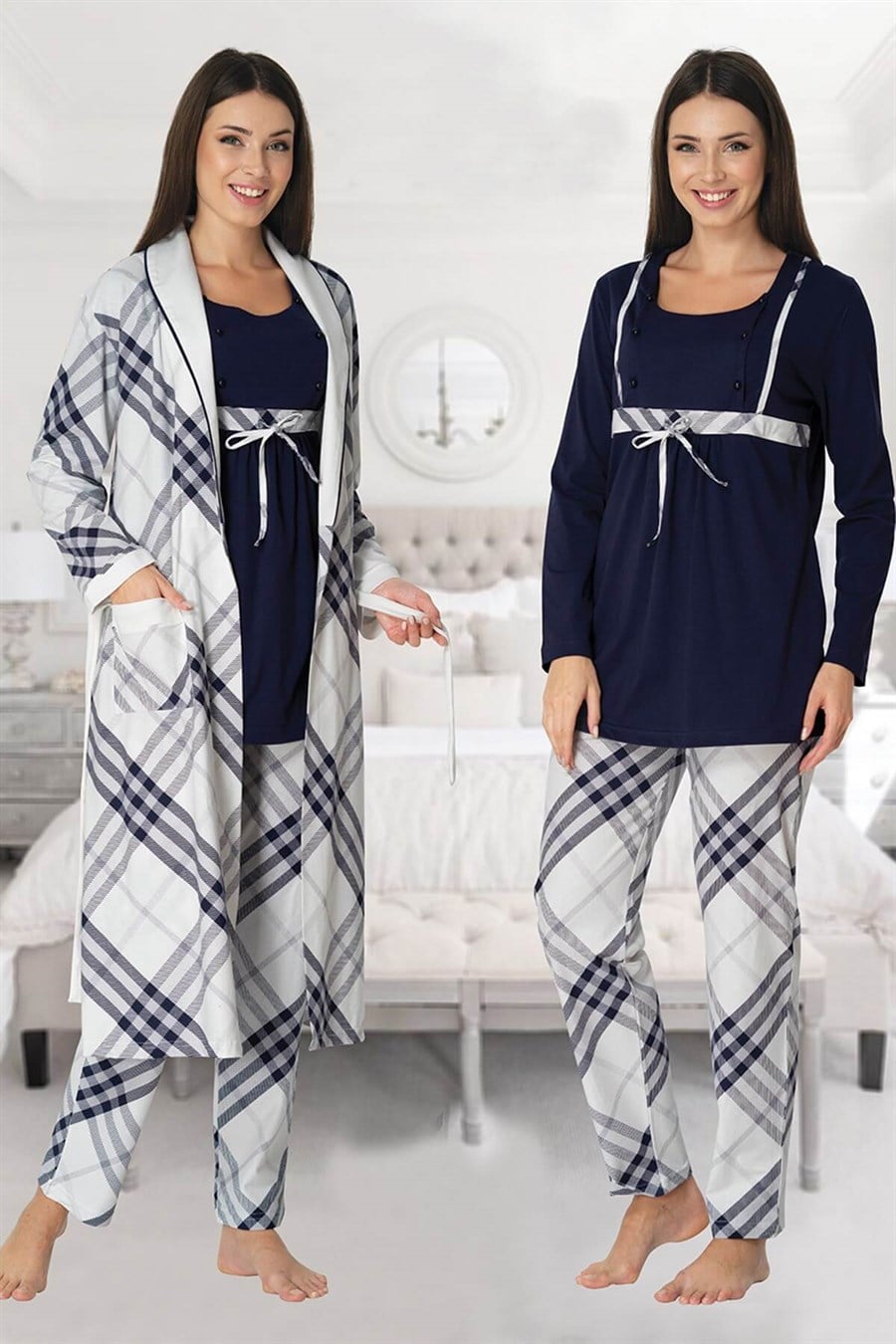 Effortt 8084 Lacivert Sabahlıklı Lohusa Pijama Takımı