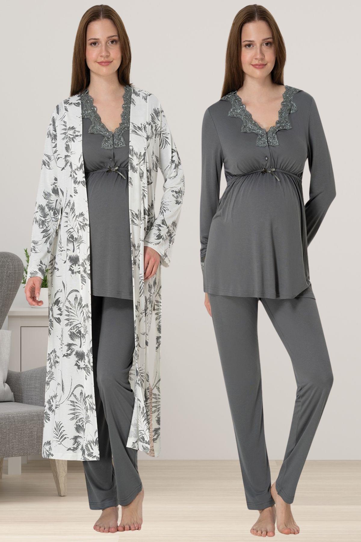 Effortt 8094 Füme Sabahlıklı Lohusa Pijama Takımı