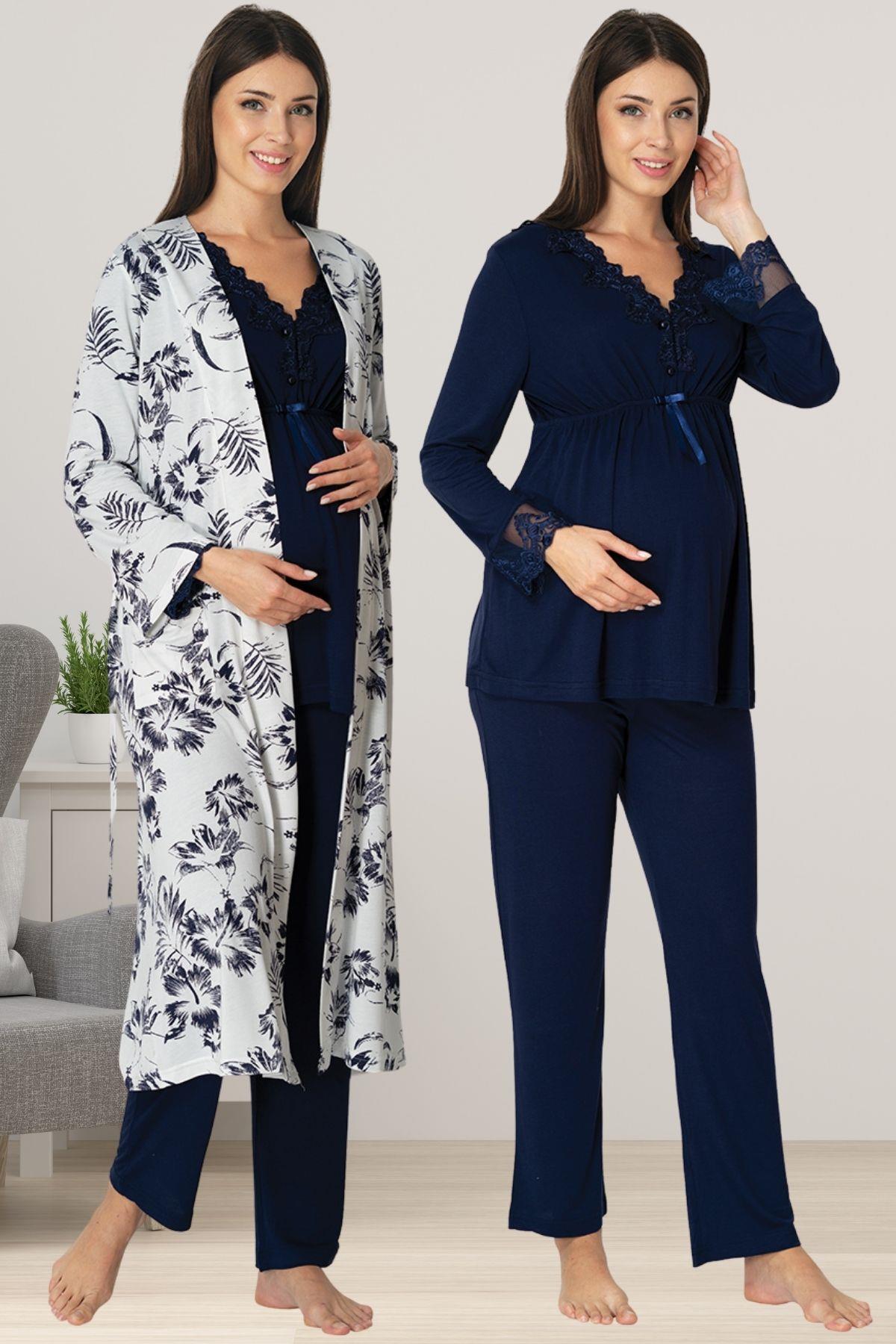 Effortt 8094 Lacivert Sabahlıklı Lohusa Pijama Takımı