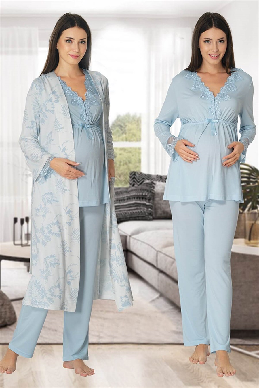 Effortt 8094 Mavi Sabahlıklı Lohusa Pijama Takımı