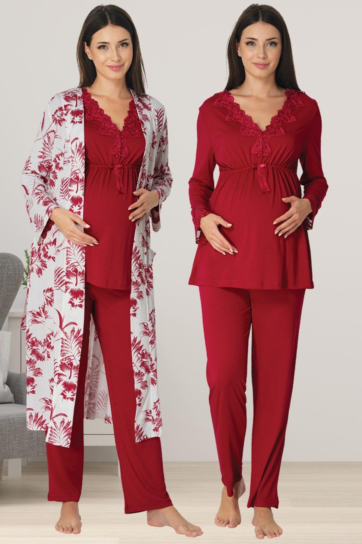 Effortt 8094 Vişne Sabahlıklı Lohusa Pijama Takımı