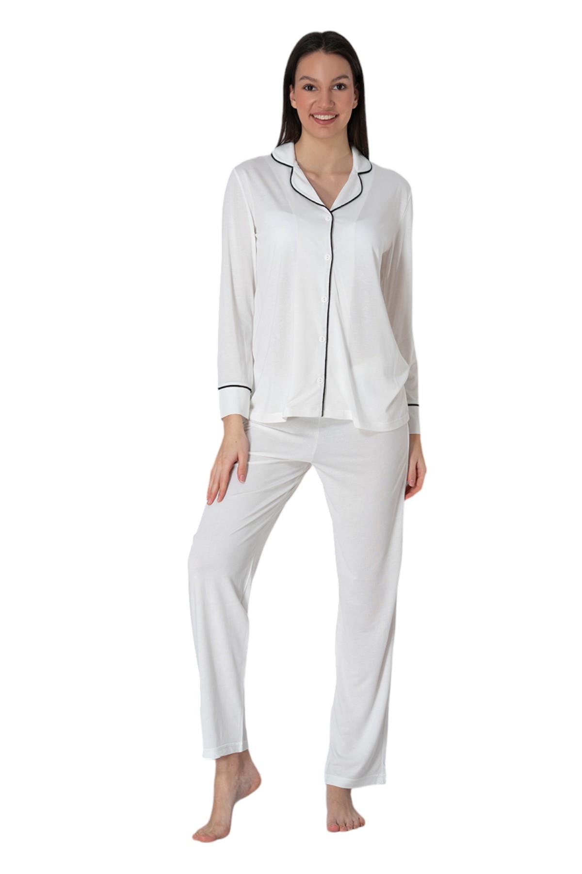 Effortt 8097 Ekru Önden Düğmeli Hamile Lohusa Pijama Takımı