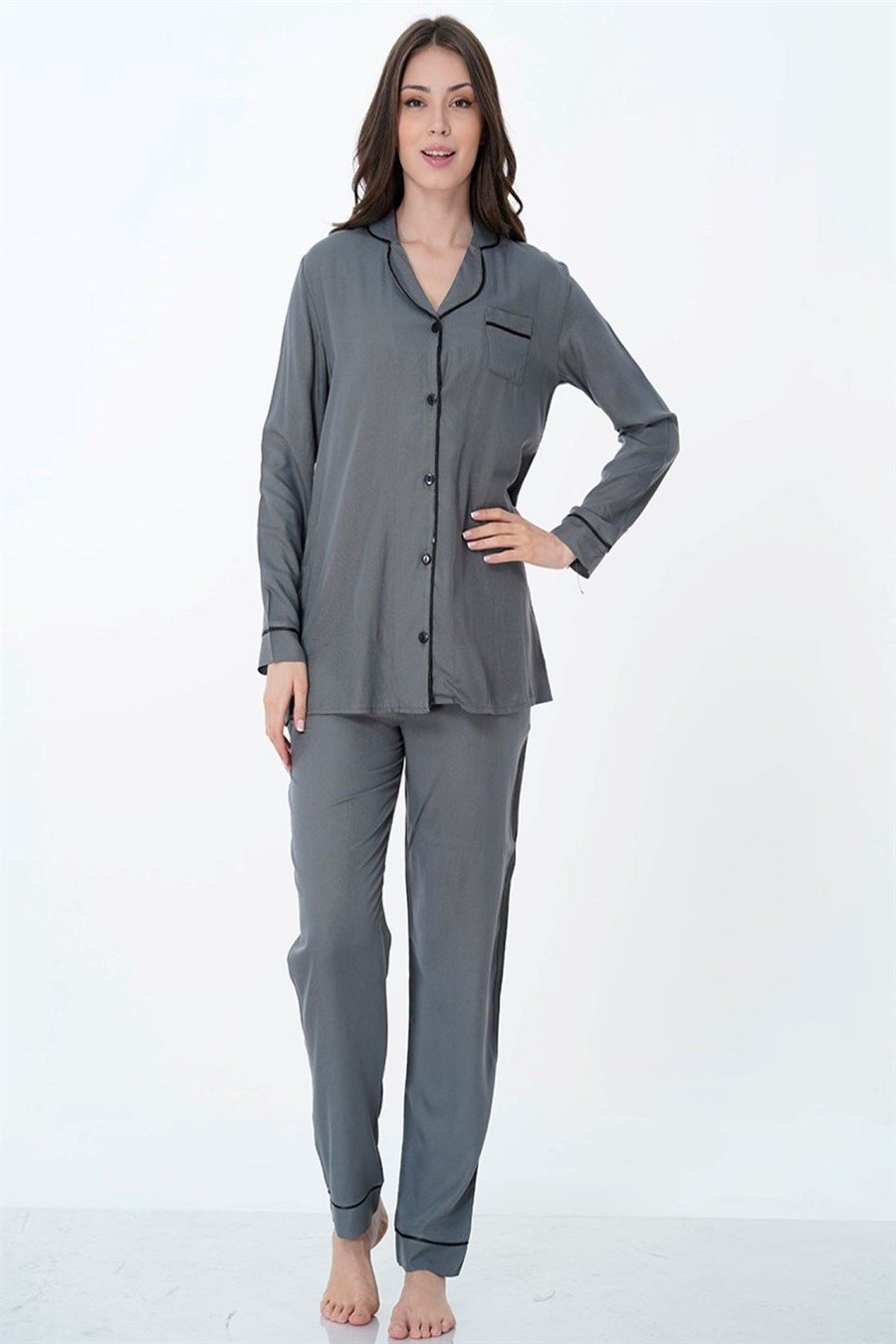 Effortt 8097 Füme Önden Düğmeli Hamile Lohusa Pijama Takımı