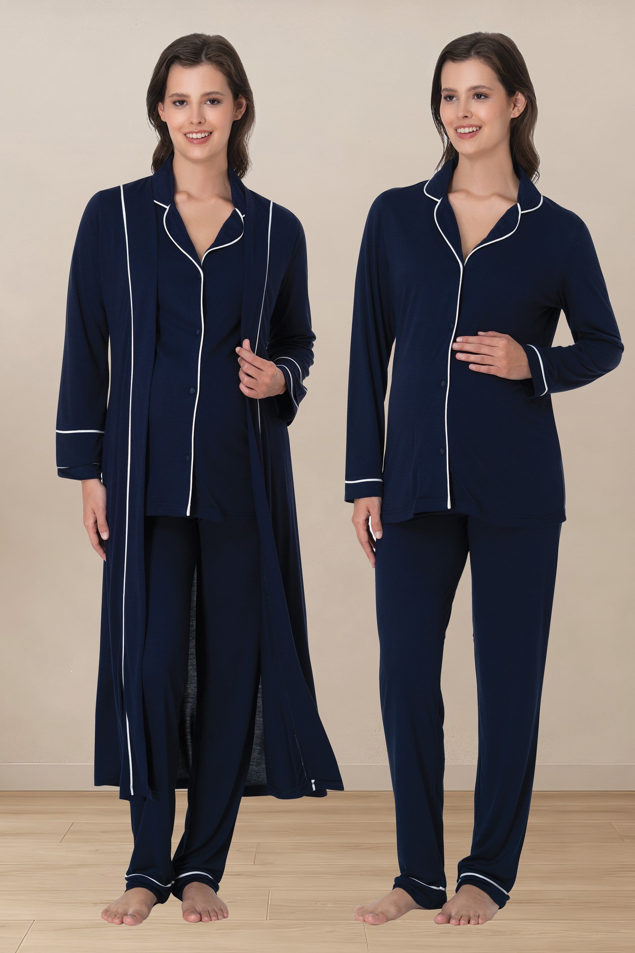 Effortt 8098 Lacivert Yumuşak Dokulu Uzun Kol Düğmeli Pamuklu Sabahlıklı Hamile Lohusa Pijama Takımı