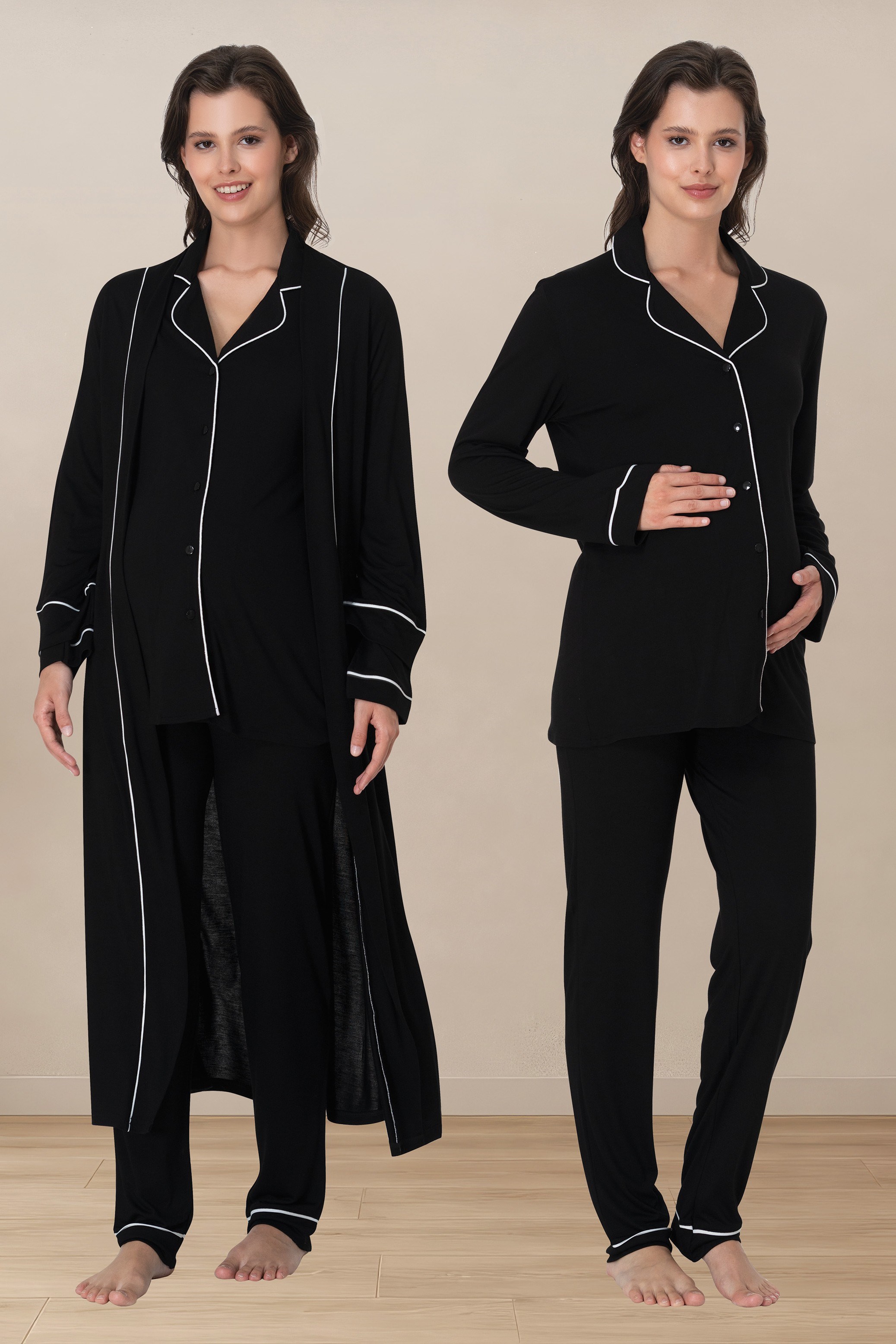 Effortt 8098 Siyah Yumuşak Dokulu Uzun Kol Düğmeli Pamuklu Sabahlıklı Hamile Lohusa Pijama Takımı