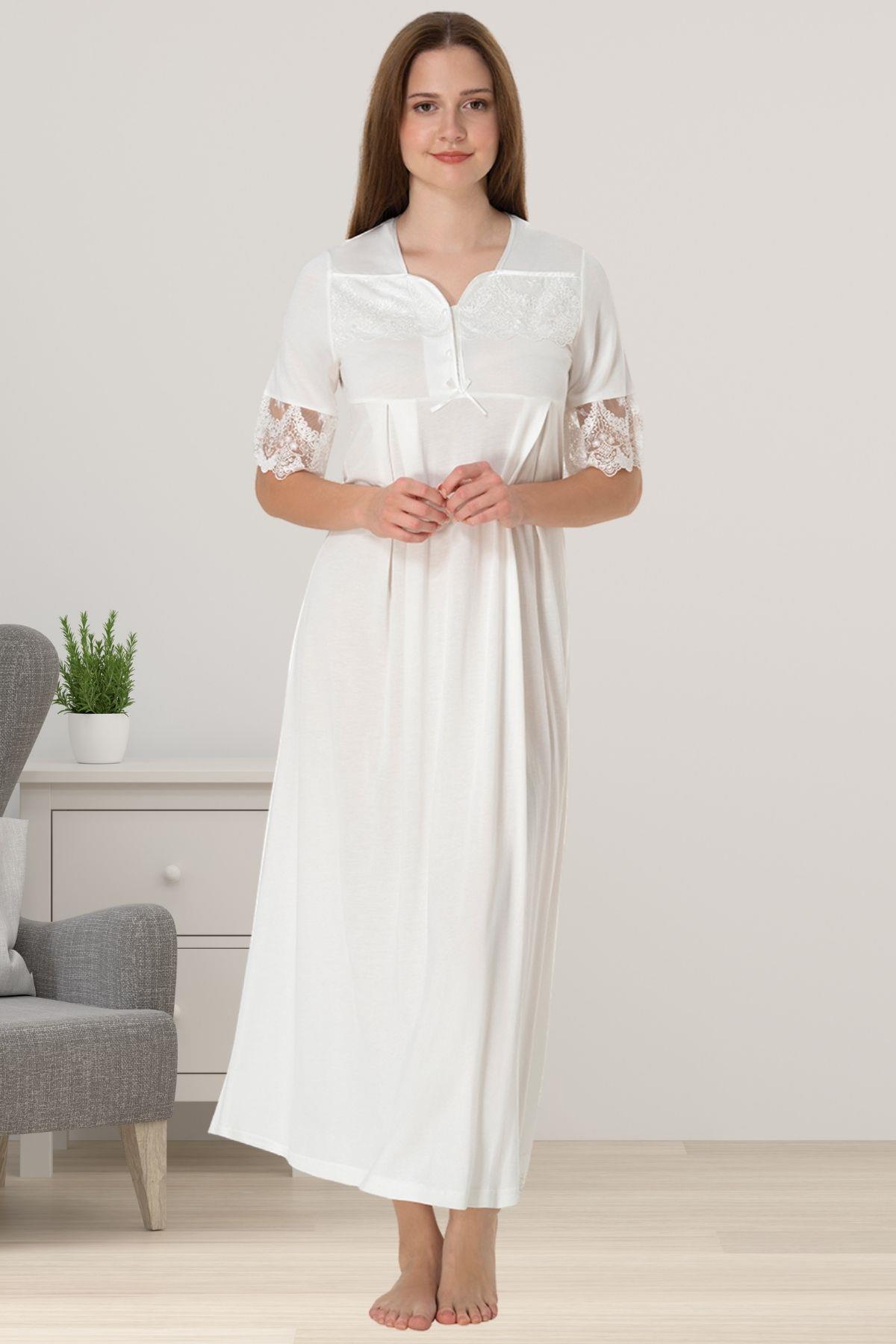 Effortt 9013 Ekru Dantelli Kısa Kol Hamile Lohusa Gecelik