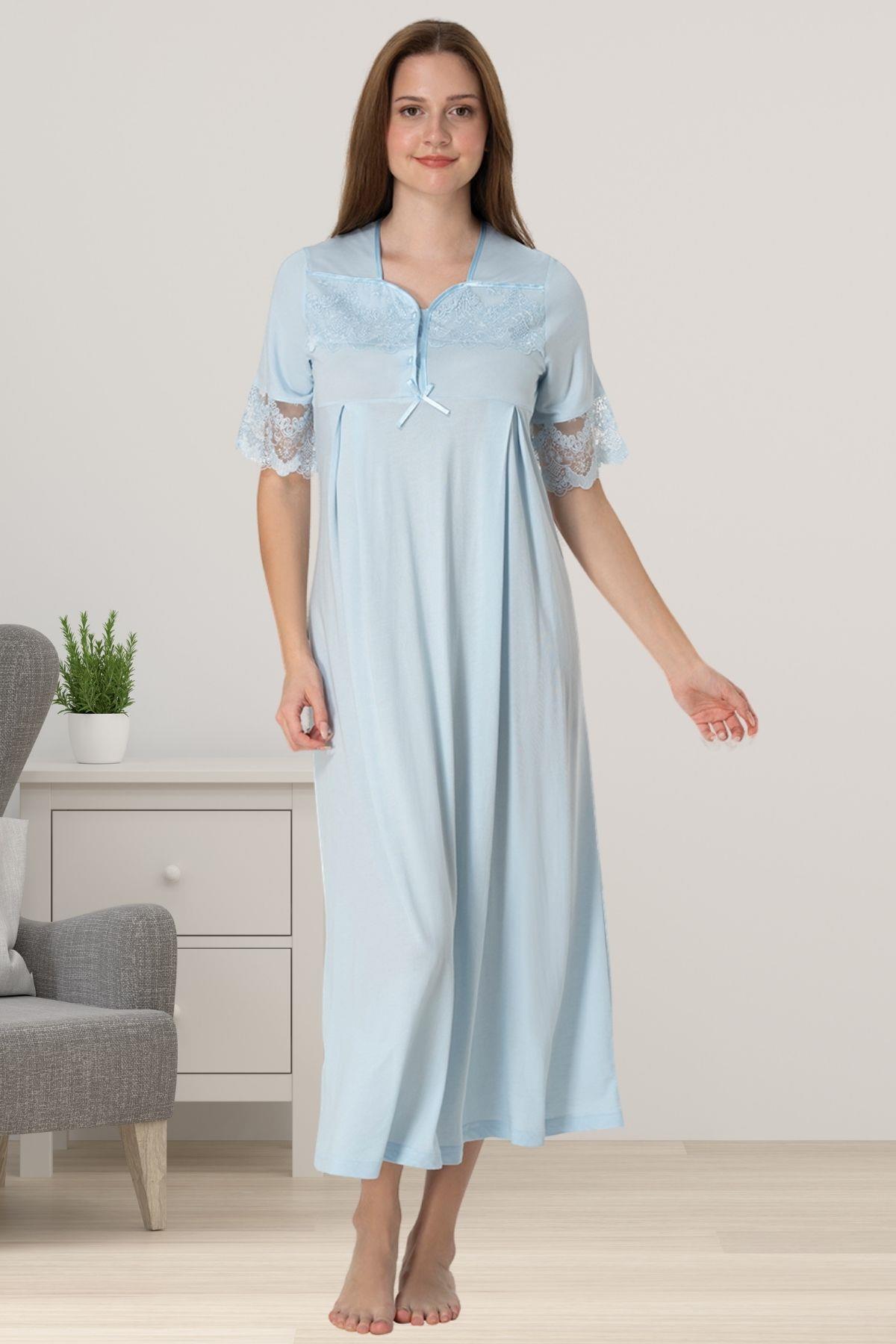 Effortt 9013 Mavi Dantelli Kısa Kol Hamile Lohusa Gecelik