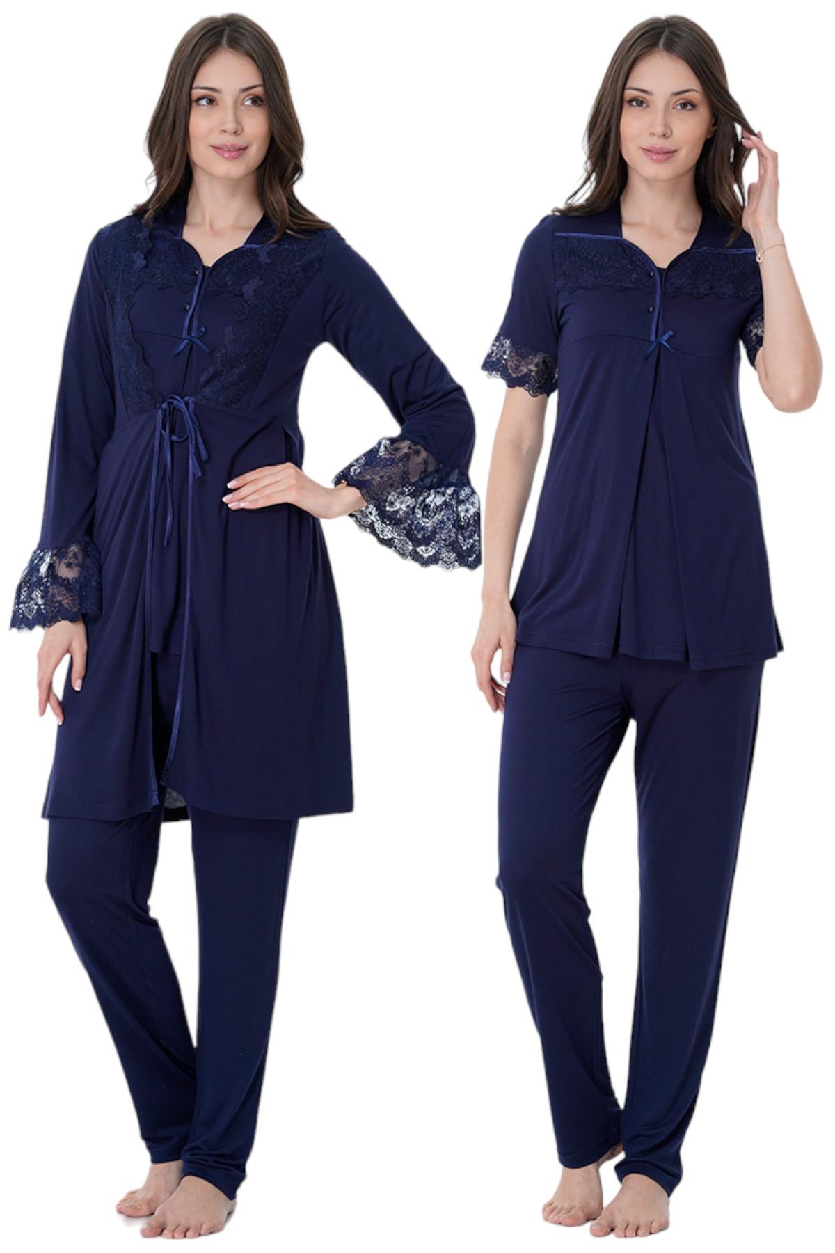 Effortt 9014 Lacivert Sabahlıklı Lohusa Pijama Takımı