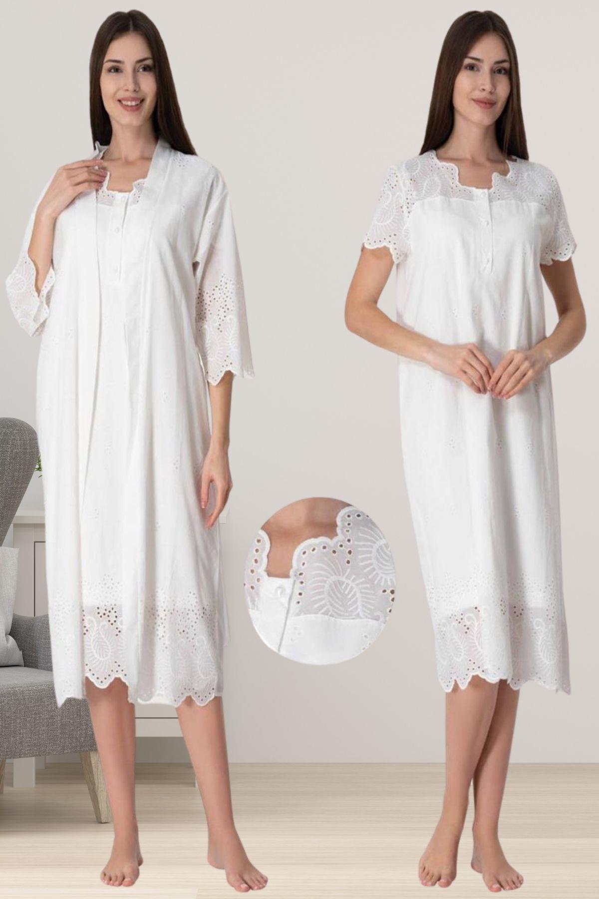 Effortt 9020 Ekru Fistolu Pamuk Astarlı Sabahlıklı Lohusa Gecelik Takım