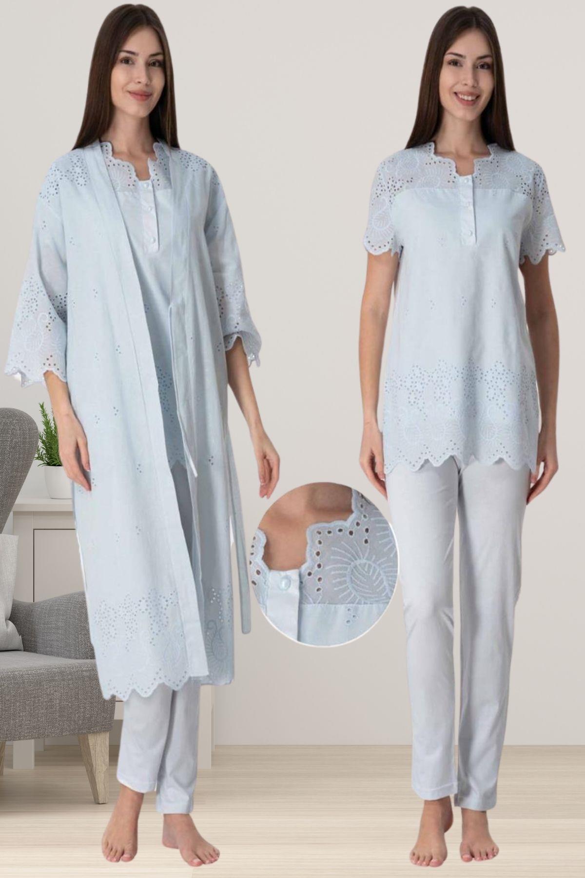 Effortt 9024 Mavi Fistolu Sabahlıklı Hamile Lohusa Pijama Takımı