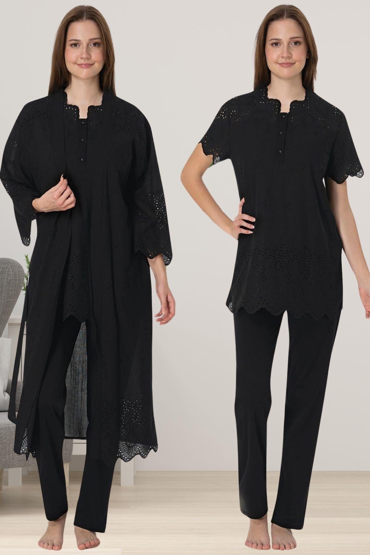 Effortt 9024 Siyah Fistolu Sabahlıklı Hamile Lohusa Pijama Takımı
