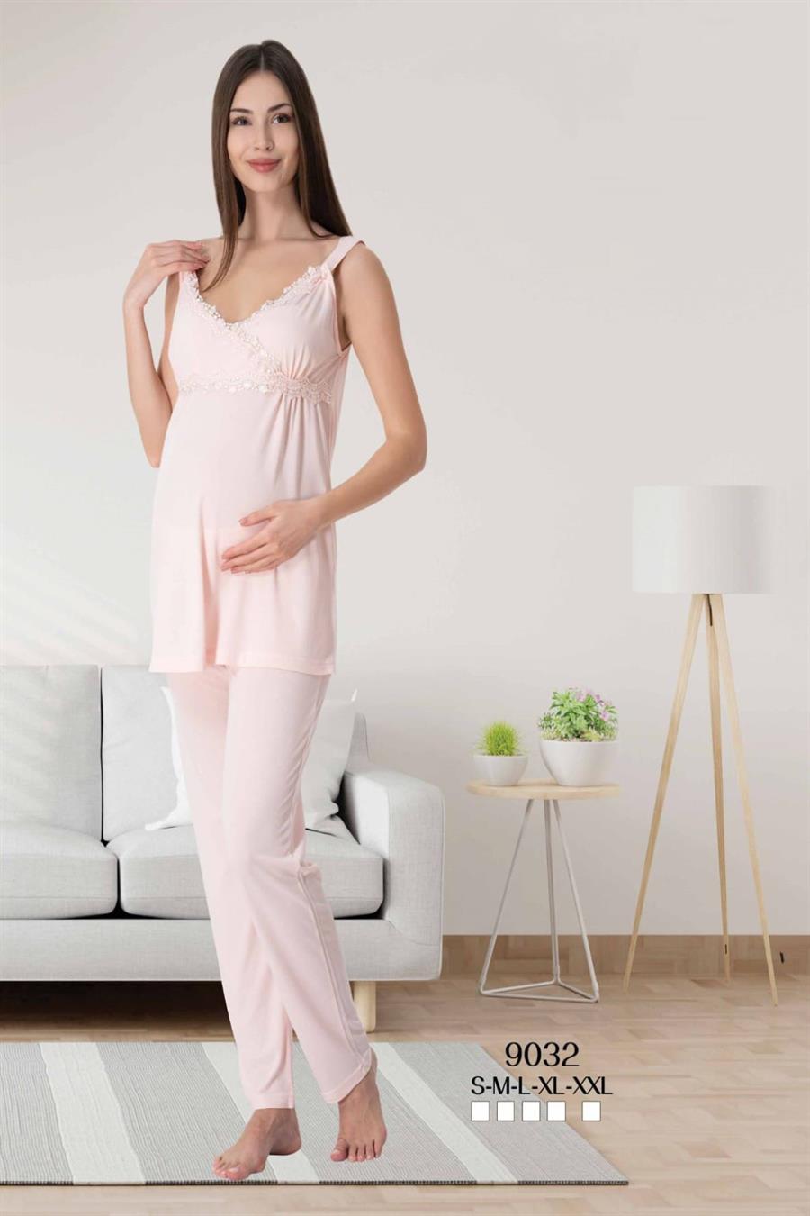 Effortt 9032 Pudra İp Askılı Hamile Lohusa Pijama Takımı