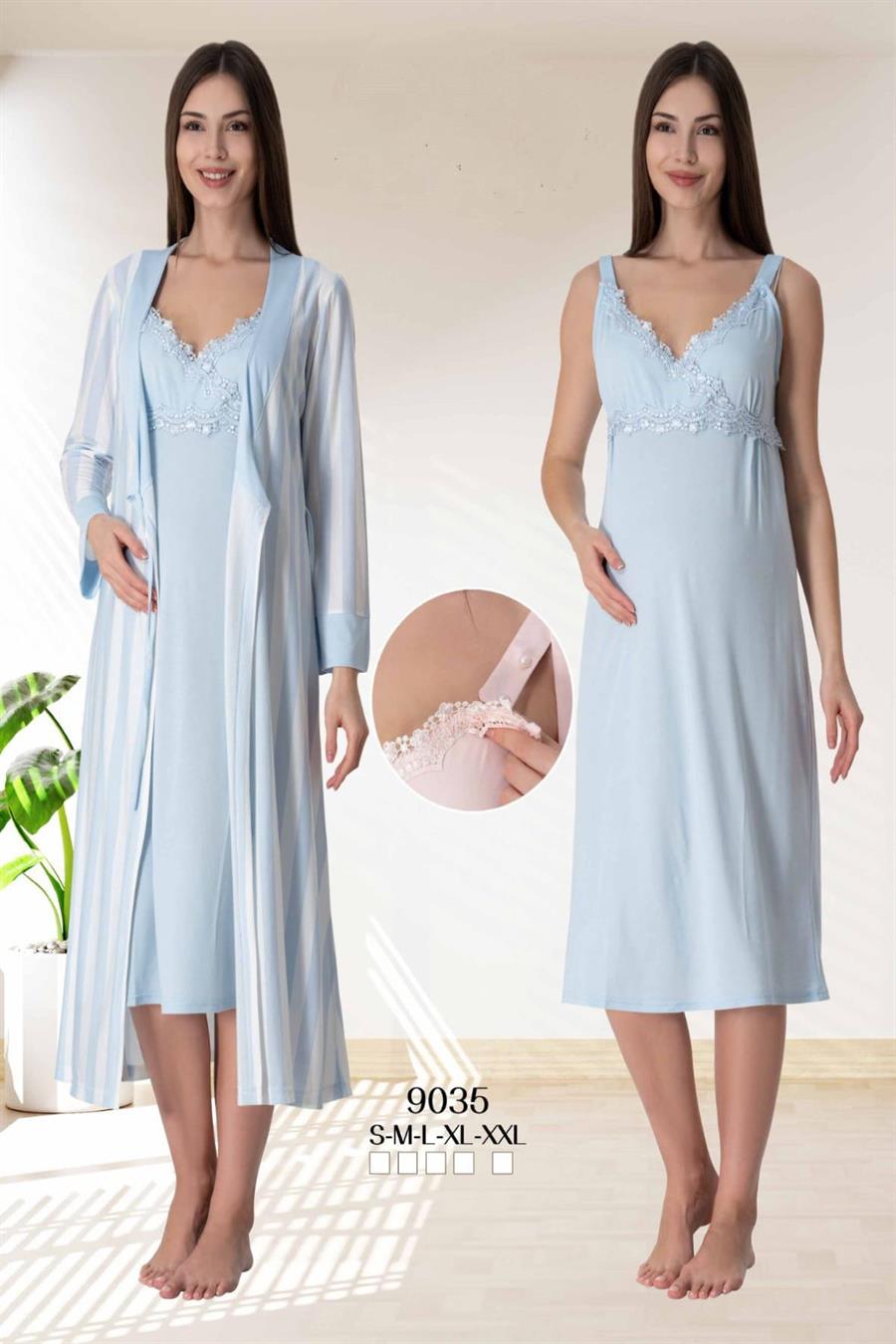 Effortt 9035 Mavi Sabahlıklı Hamile Lohusa Gecelik Takım