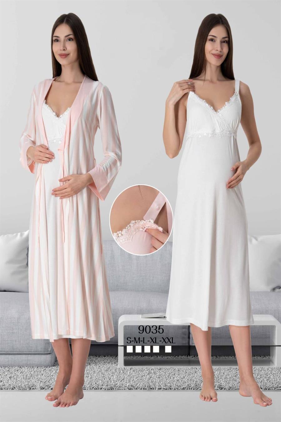Effortt 9035 Pudra/Ekru Sabahlıklı Hamile Lohusa Gecelik Takım