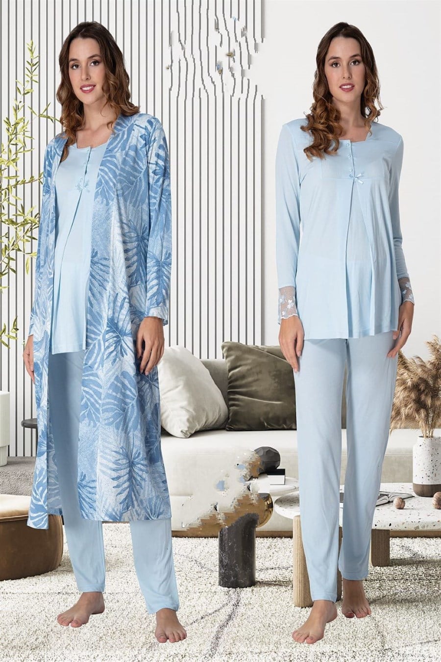 Effortt 9044 Mavi Sabahlıklı Hamile Lohusa Pijama Takımı