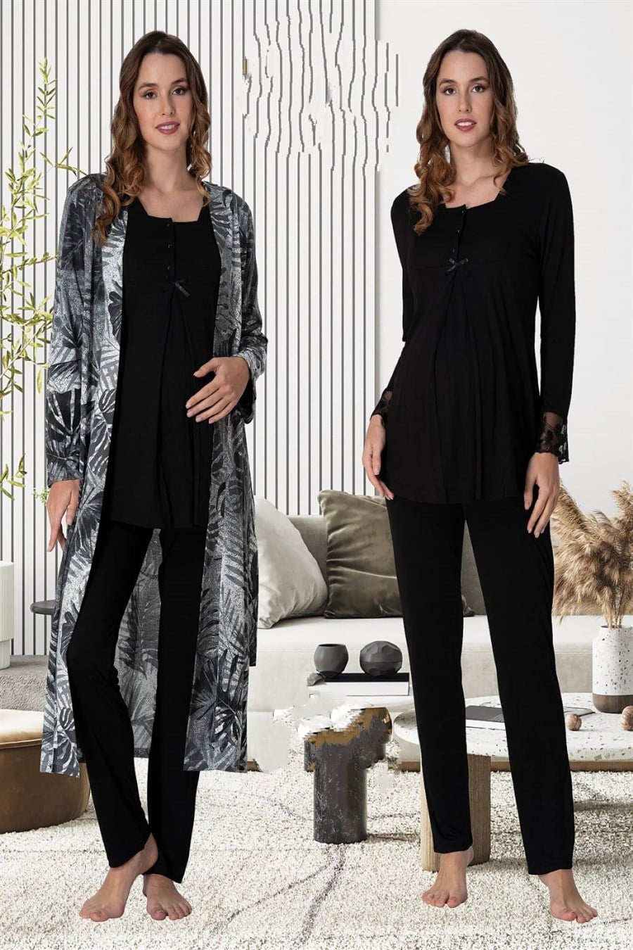 Effortt 9044 Siyah Sabahlıklı Hamile Lohusa Pijama Takımı
