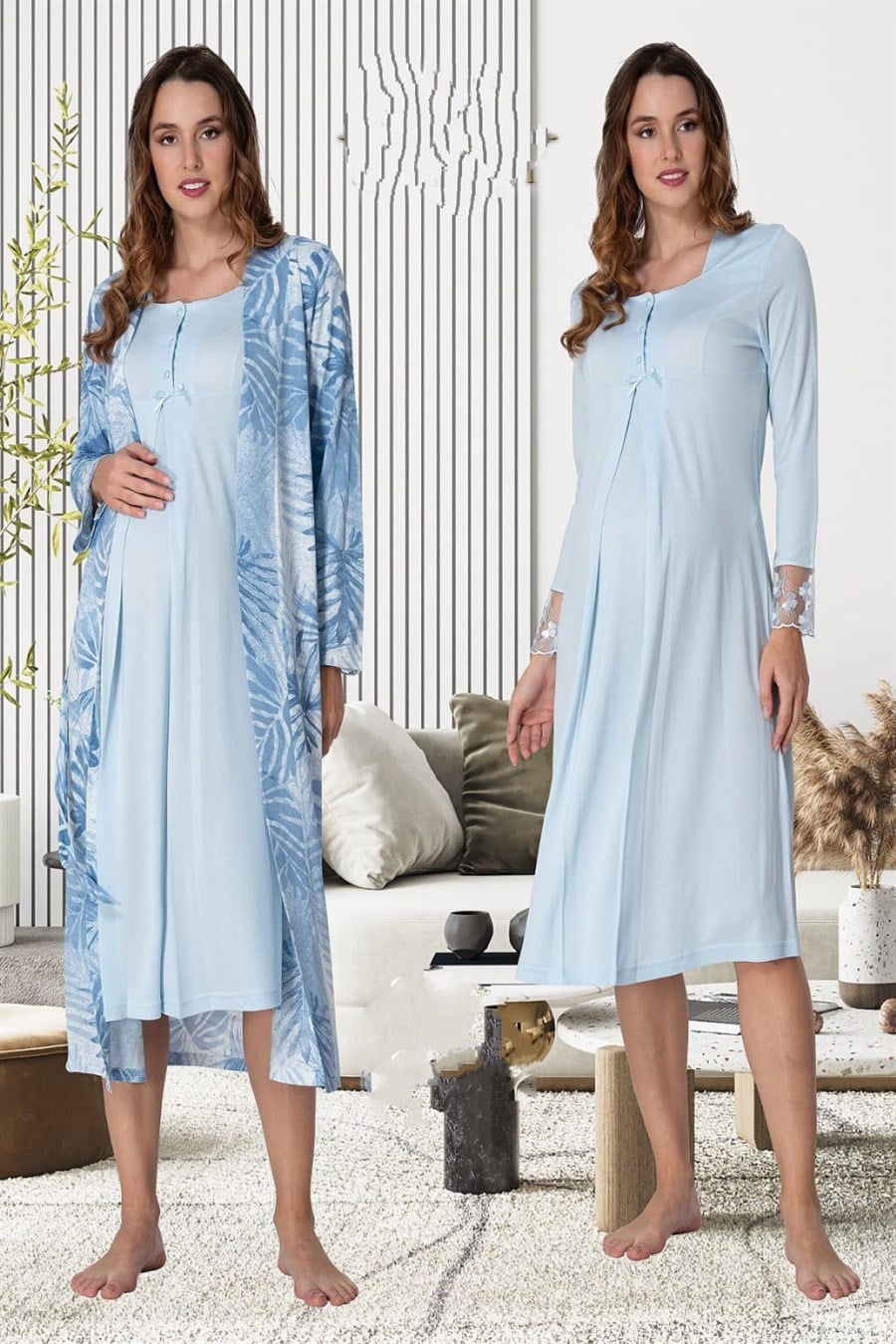 Effortt 9045 Mavi Sabahlıklı Hamile Lohusa Gecelik Takım