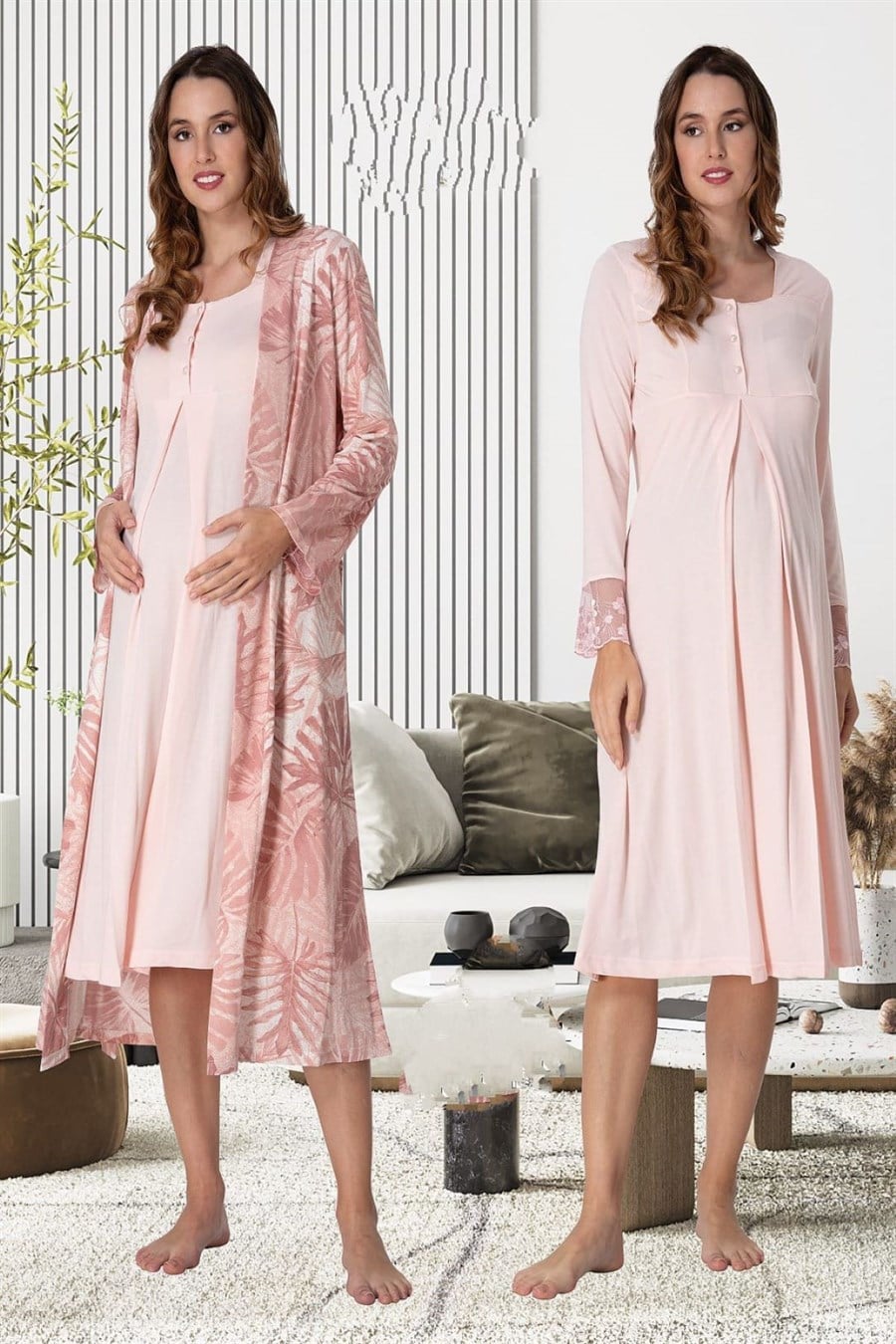 Effortt 9045 Pembe Sabahlıklı Hamile Lohusa Gecelik Takım