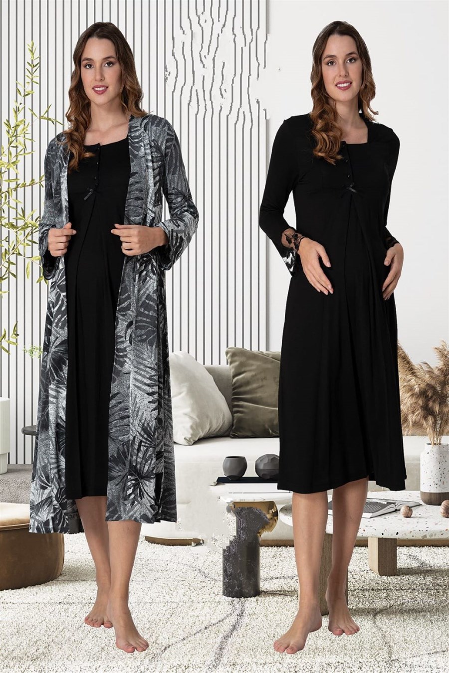 Effortt 9045 Siyah Sabahlıklı Hamile Lohusa Gecelik Takım