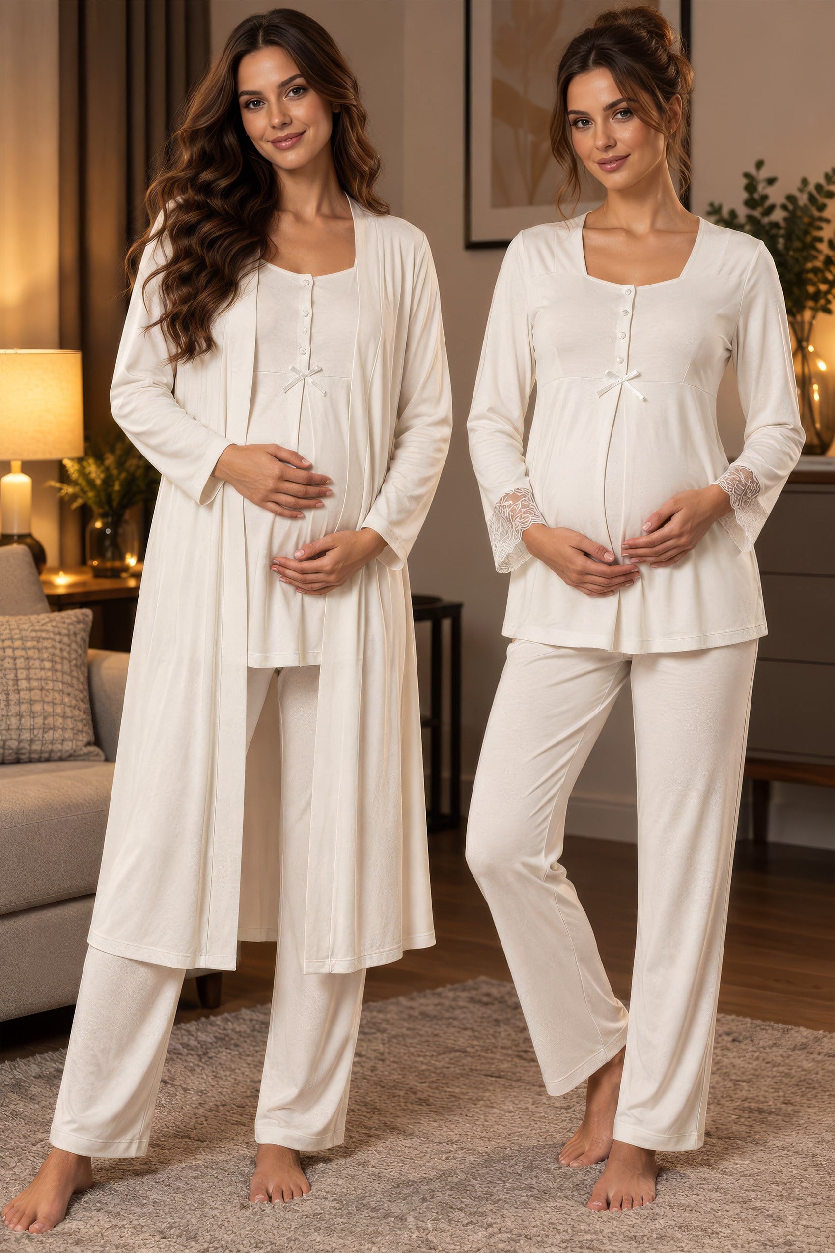 Effortt 9048 Ekru Sabahlıklı Hamile Lohusa Pijama Takımı