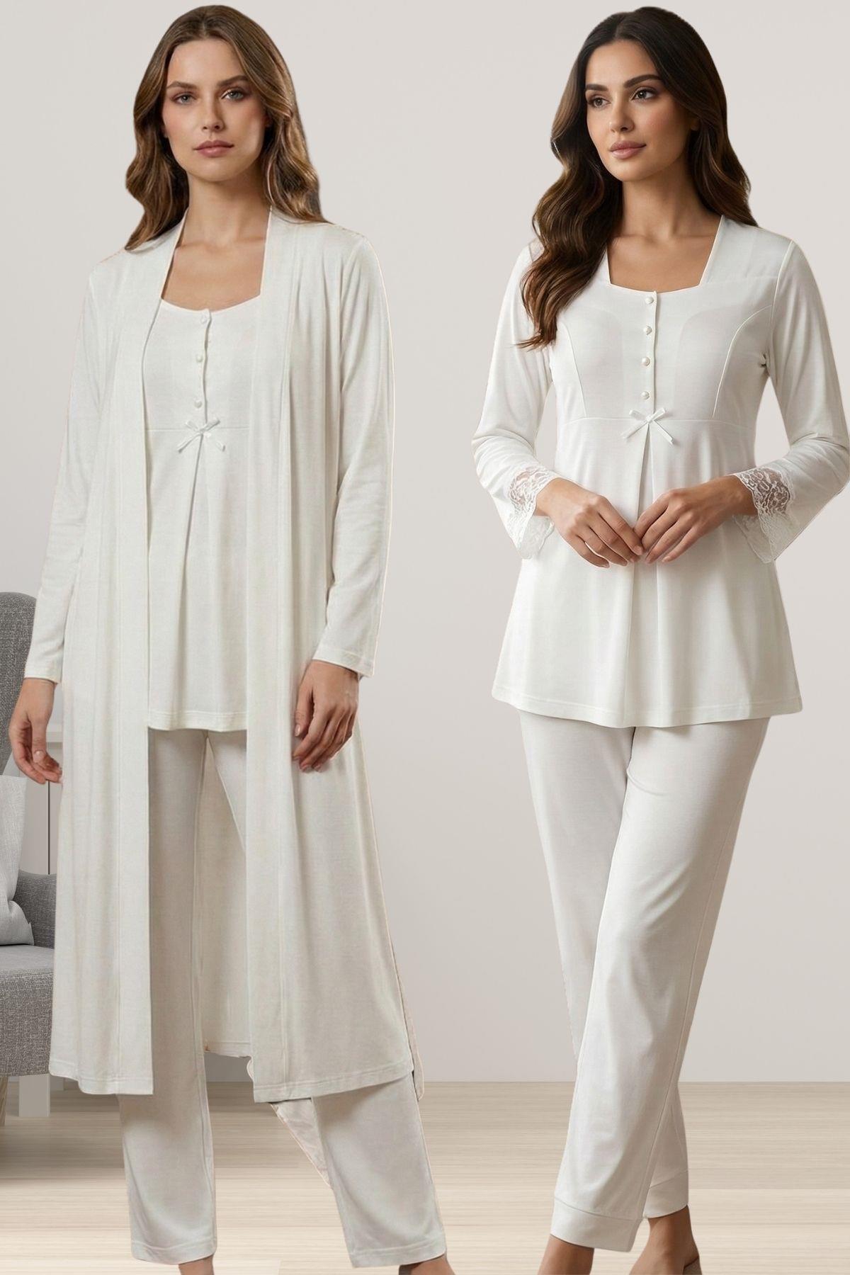Effortt 9048 Ekru Sabahlıklı Hamile Lohusa Pijama Takımı