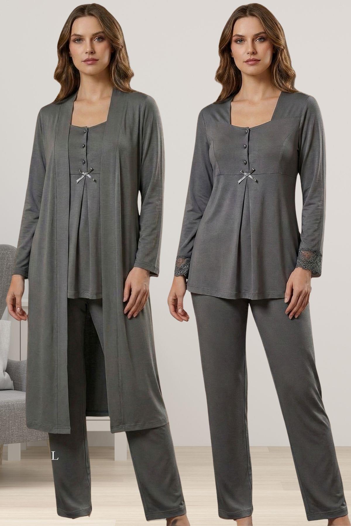 Effortt 9048 Füme Sabahlıklı Hamile Lohusa Pijama Takımı