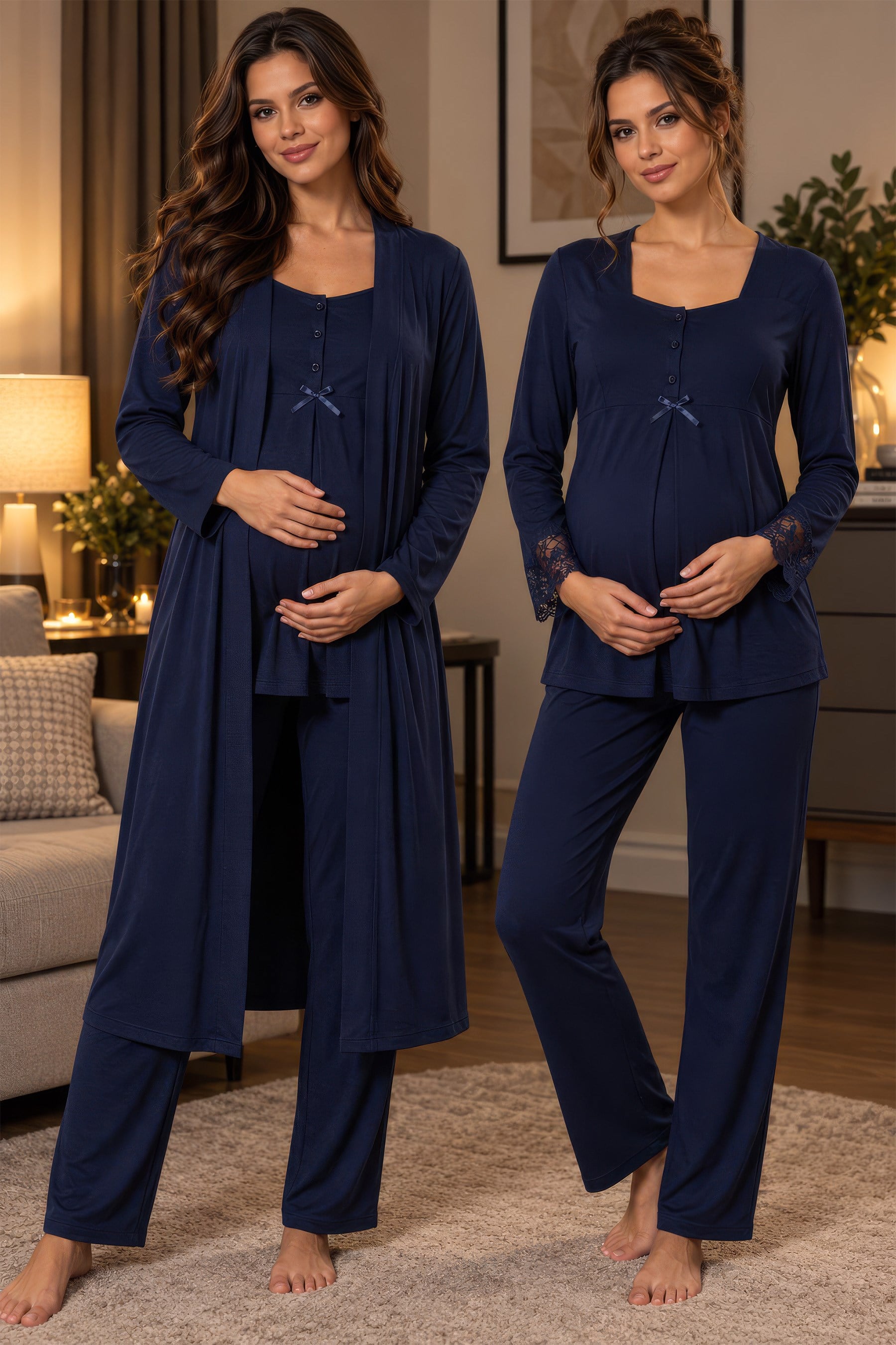 Effortt 9048 Lacivert Sabahlıklı Hamile Lohusa Pijama Takımı