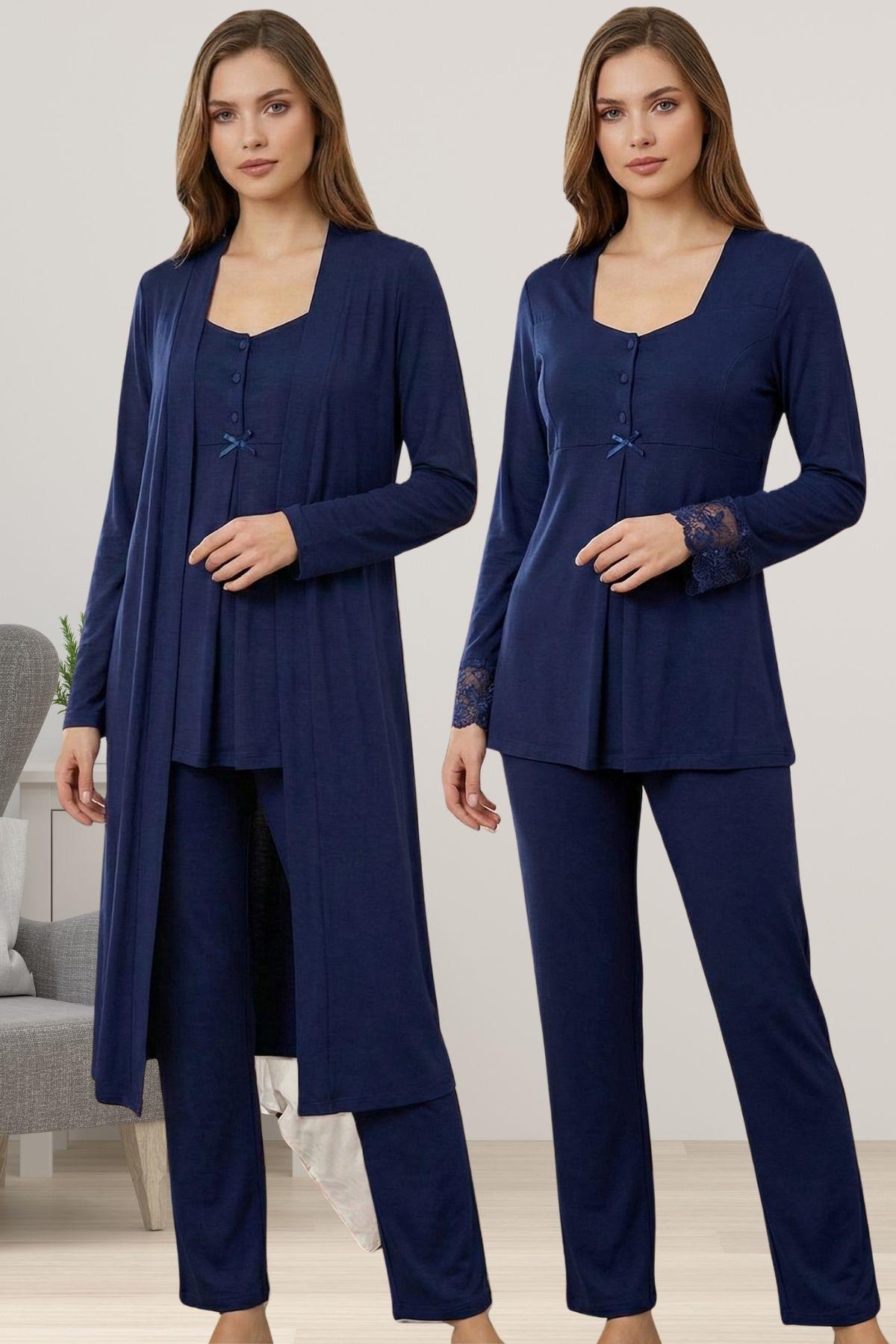 Effortt 9048 Lacivert Sabahlıklı Hamile Lohusa Pijama Takımı