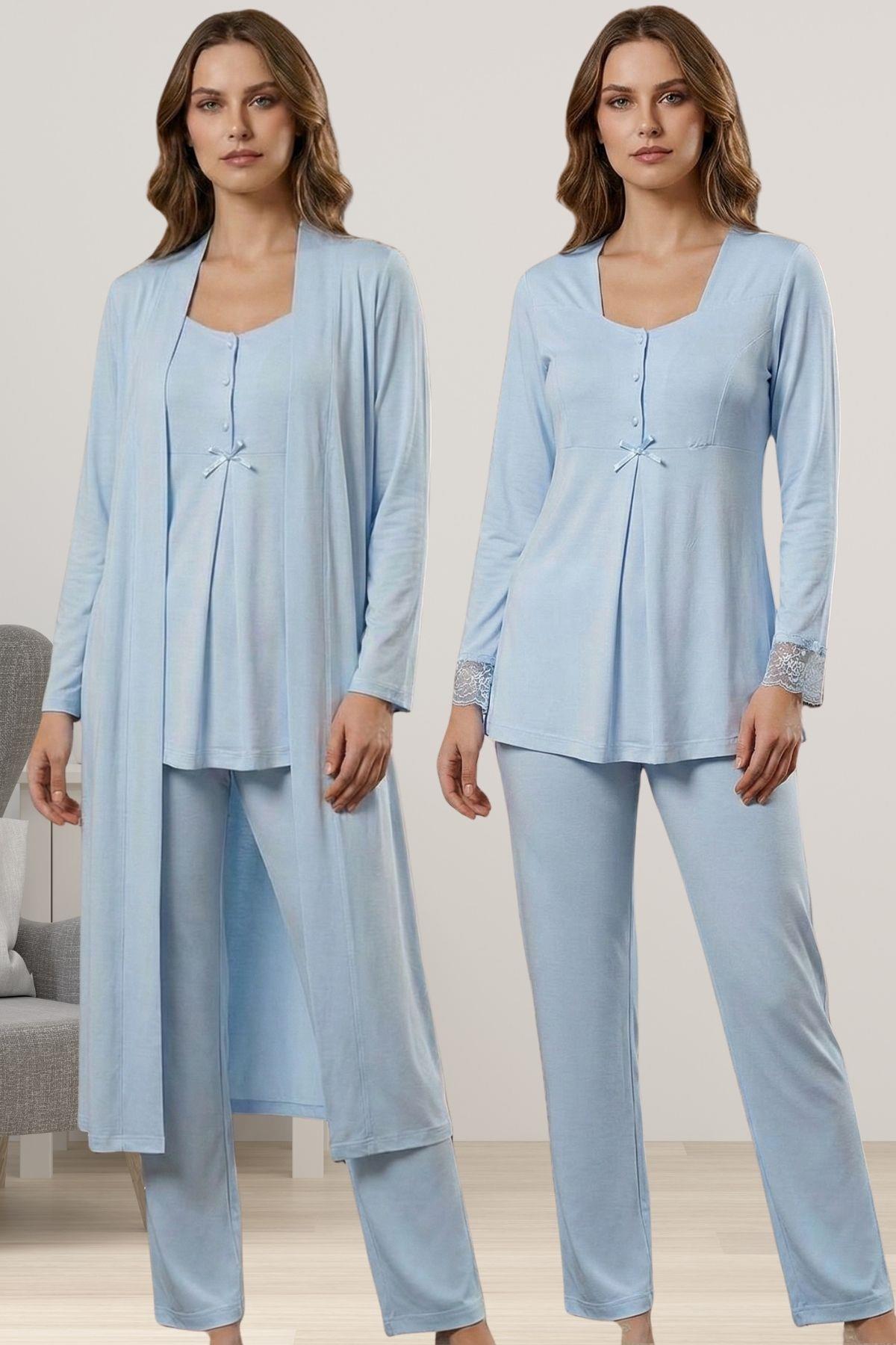 Effortt 9048 Mavi Sabahlıklı Hamile Lohusa Pijama Takımı