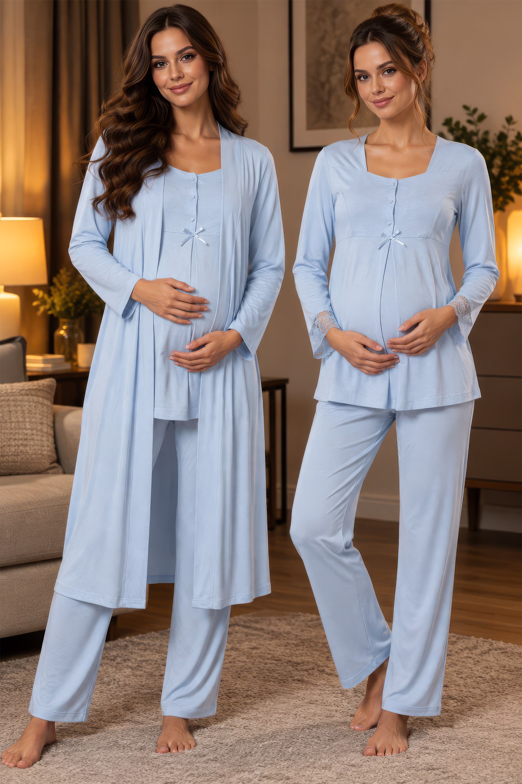 Effortt 9048 Mavi Sabahlıklı Hamile Lohusa Pijama Takımı