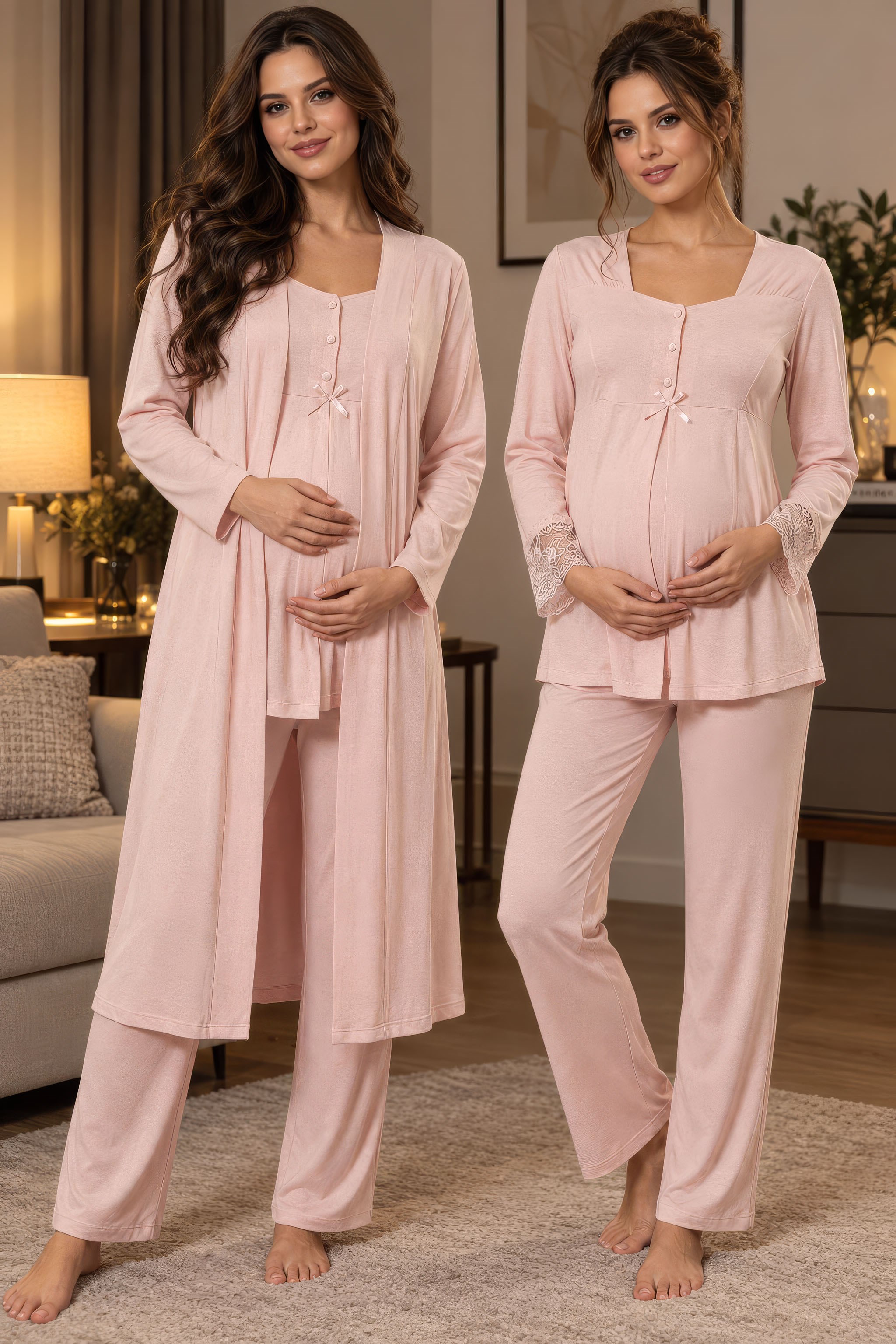 Effortt 9048 Pudra Sabahlıklı Hamile Lohusa Pijama Takımı